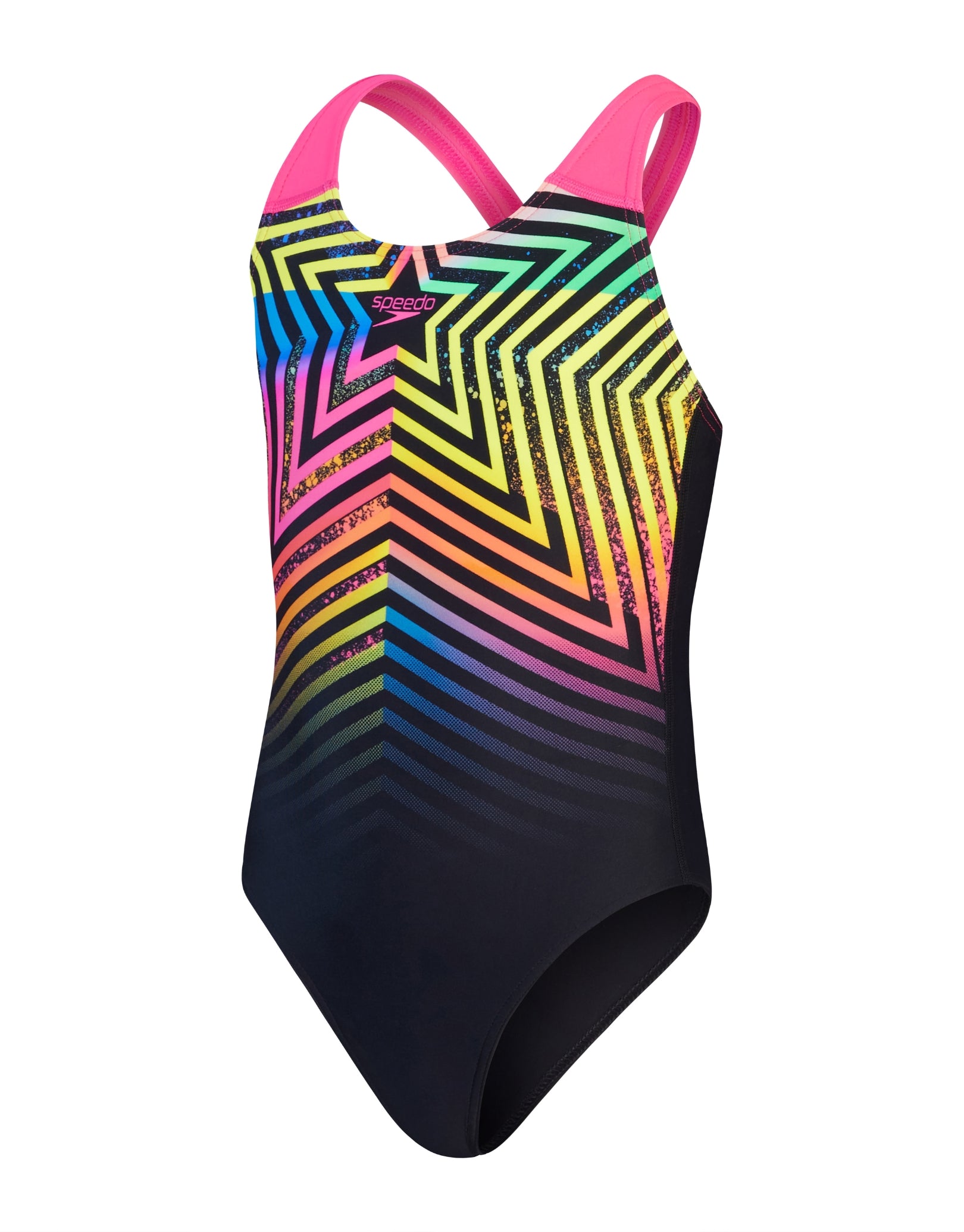 Girls Digital Print Splashback Swimsuit - Black & Pink Two-Tone Design | Quick-Dry UV Protection Swimwear for Beach, Pool & Summer Activities