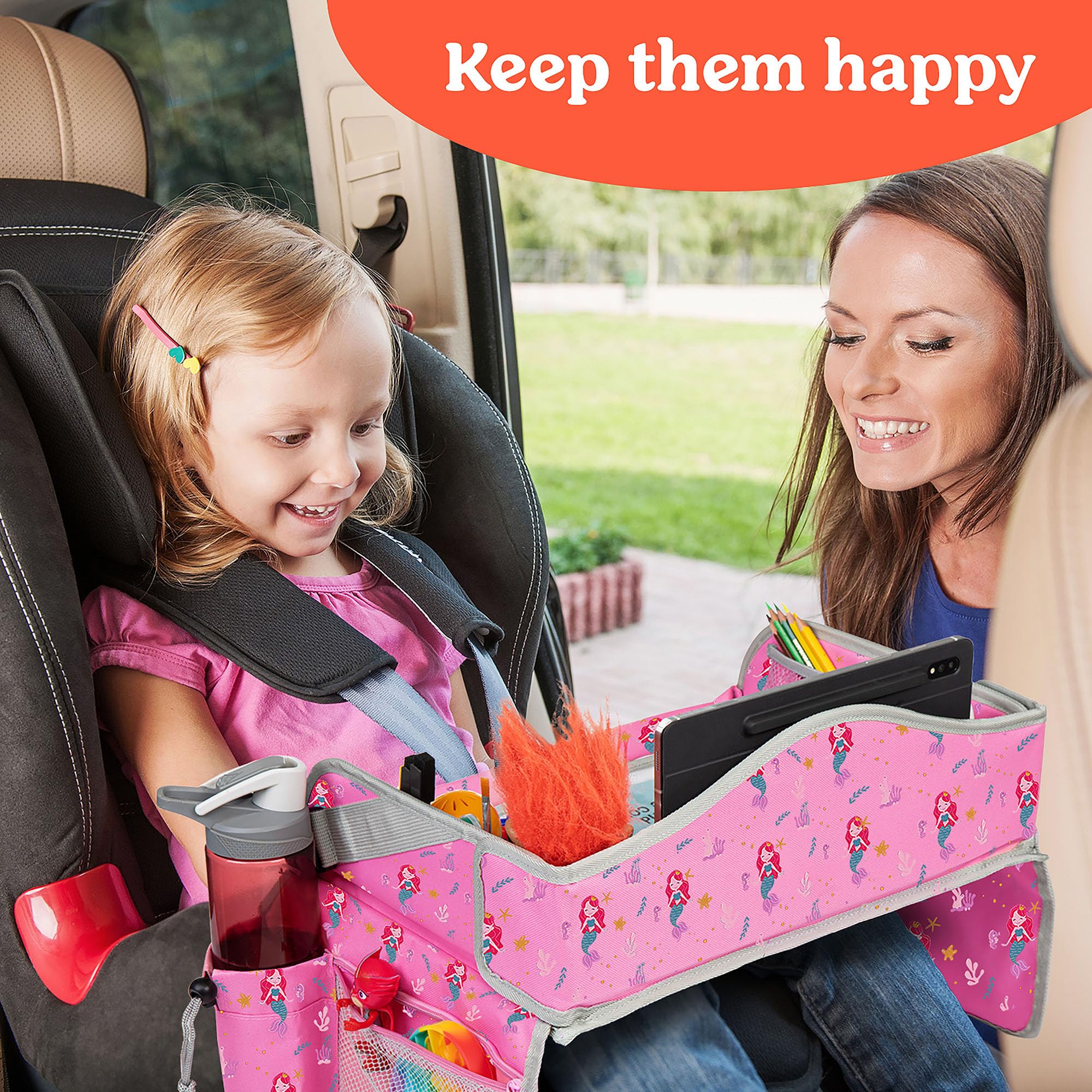 **PILLANI Kids Travel Tray for Car - Portable Car Seat Tray for Toddlers & Children, Road Trip Essentials with Storage, Airplane Lap Desk Organizer - Perfect for Snacks, Toys & Activities on Long Trips**