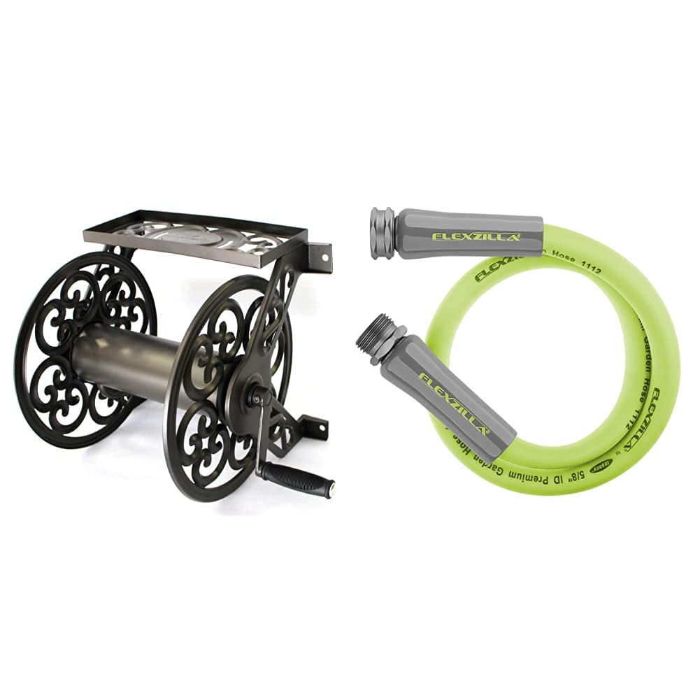Liberty Garden Products 708 Steel Decorative Wall Mount Garden Hose Reel - Holds 125 Feet of 5/8-Inch Hose in Bronze | Flexzilla HFZG503YW Lead-in Hose 3 Feet ZillaGreen | Perfect for Outdoor Watering, Yard Maintenance & Garden Care