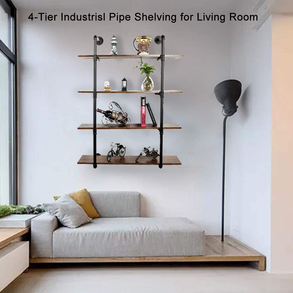 Industrial Pipe Shelving Wall Mounted - 36.2 Inch 4 Tier Floating Shelf Unit, Heavy Duty Metal Bookshelf for Bedroom, Kitchen, Office Storage | Space-Saving Wall Shelves for Home Organization & Decoration