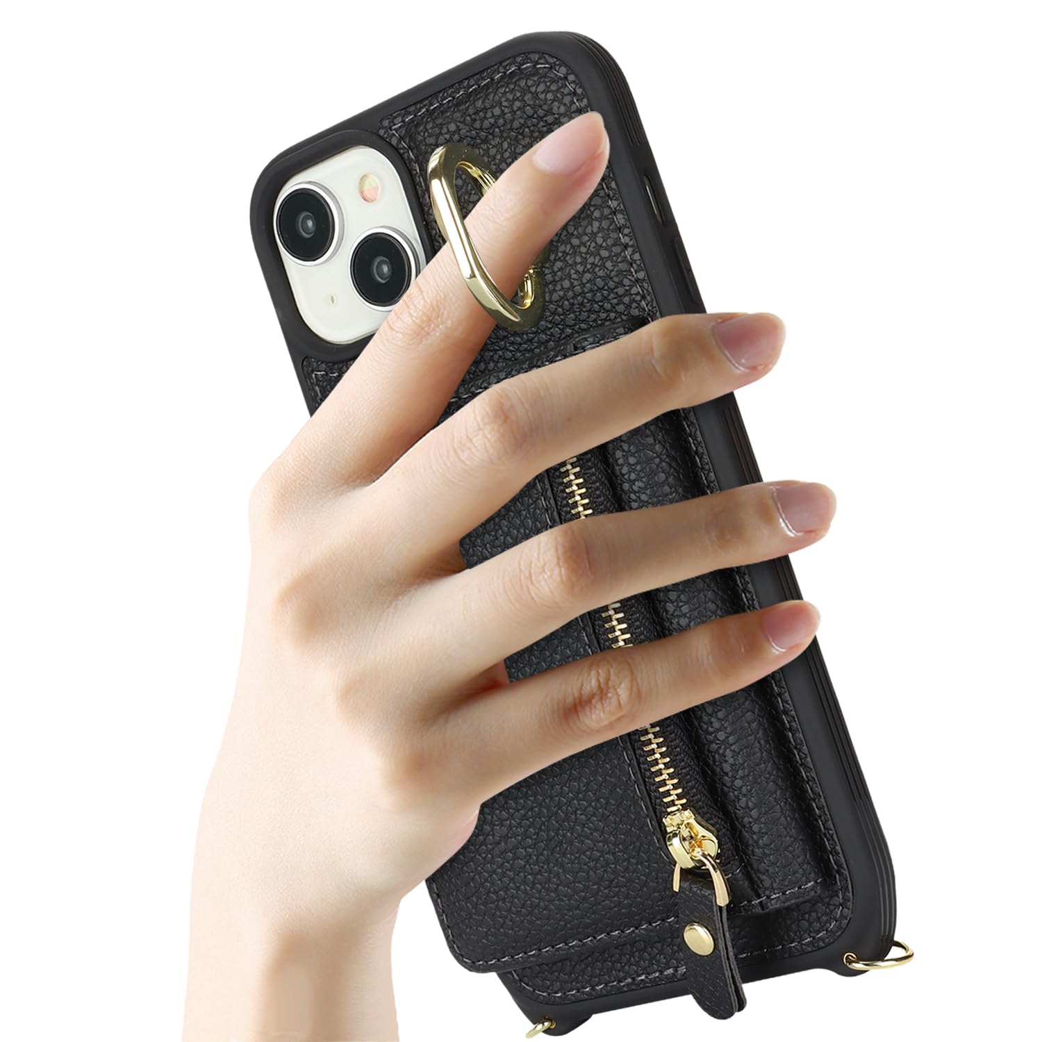 Premium Leather Wallet Case for iPhone 15 Plus with Card Holder & Crossbody Strap - Built-in Stand & Zipper Pocket - Fashionable Protective Phone Cover for Women (Black) | Perfect for Travel, Shopping & Everyday Use