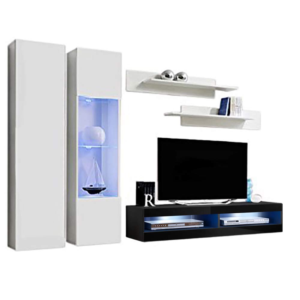 Modern Floating TV Stand with Storage & LED Lights - Wall Mounted Entertainment Center for Bedroom & Living Room - White/Black A5 34TV Console with Shelves - Perfect for Small Spaces & Home Theater Setup