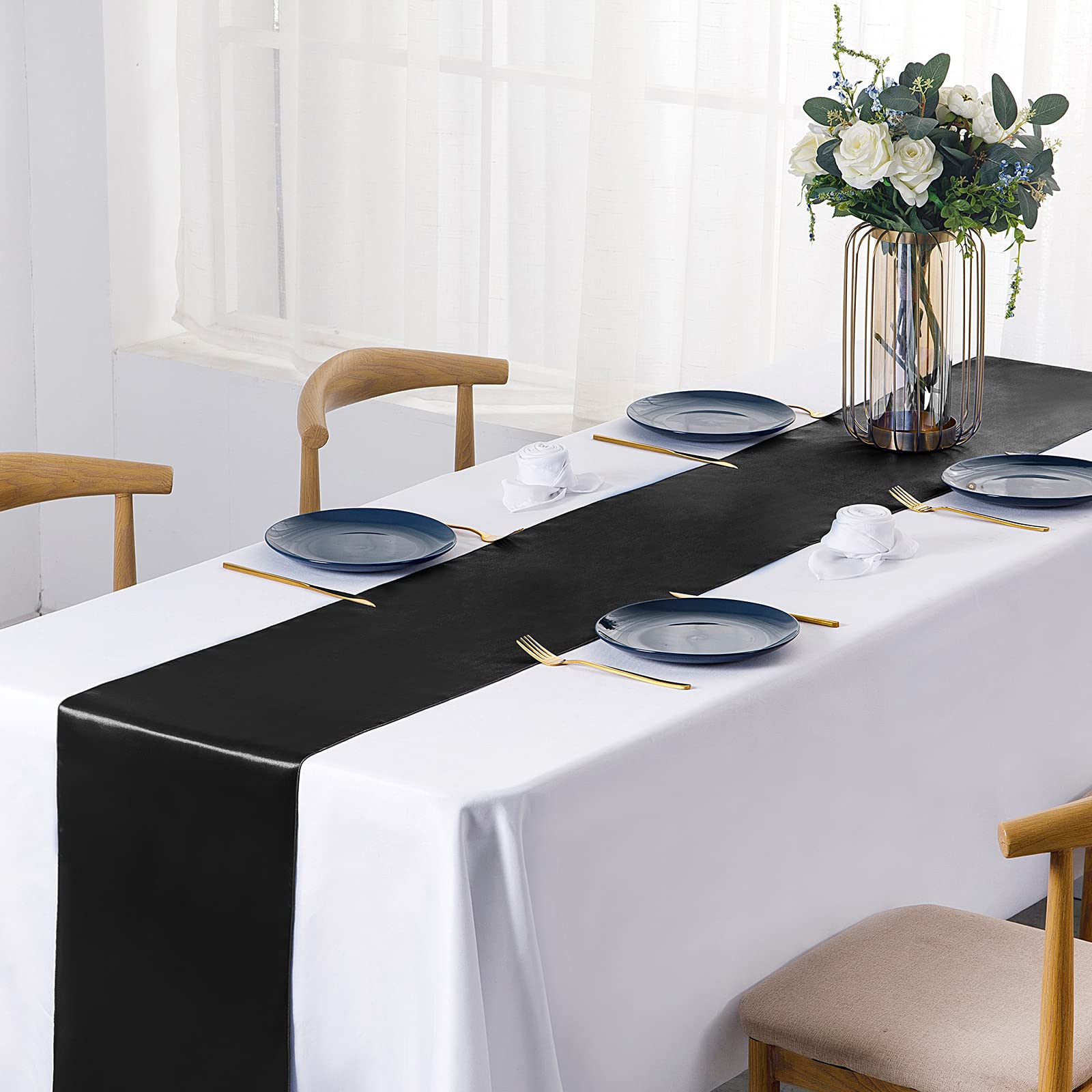 24-Pack Black Satin Table Runners 12x108 Inches - Elegant Wedding & Event Decor for Banquets, Buffets, Graduation Parties, Birthday Celebrations & Engagement Receptions - Smooth Long Tablecloth for Formal Dining & Special Occasions