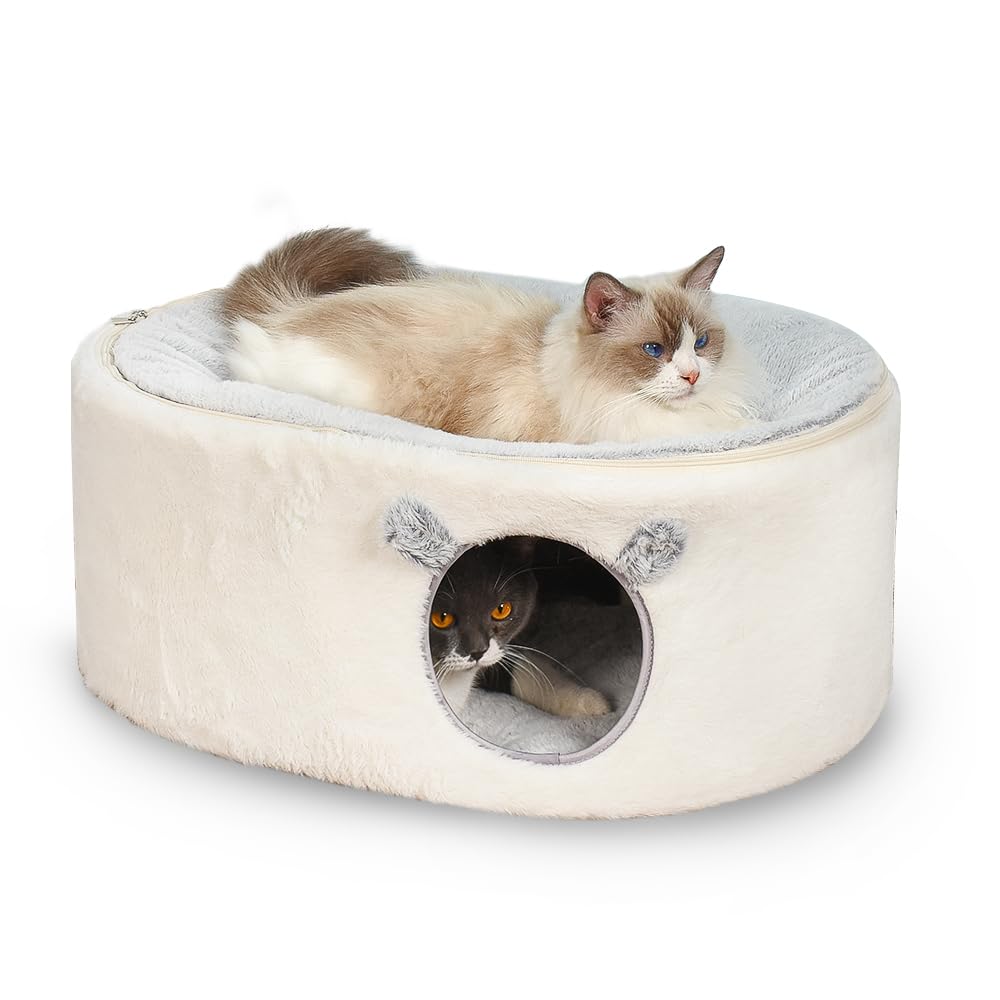 Cozy Fluffy Cat Cave Bed for Indoor Cats - Large Enclosed Cat House with Removable Washable Cover, Perfect for Kittens & Small Dogs | Oval Cat Hideaway for Sleeping & Relaxing in Living Room or Bedroom