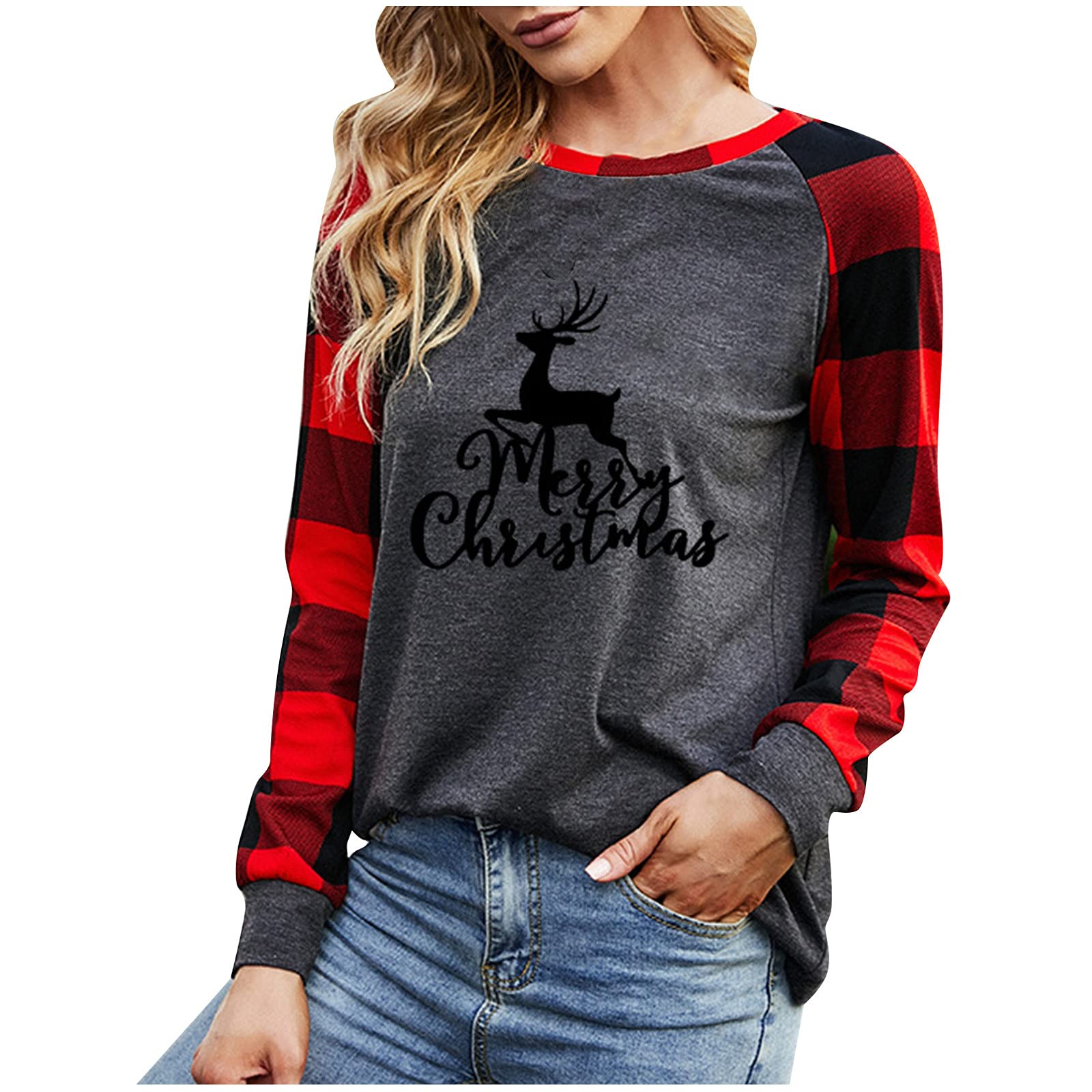 Women's Long Sleeve Plaid Patchwork Sweatshirt - Fall Winter Warm Fleece Pullover for Gym, Sports & Christmas Vacation | Cozy Casual Outfit for Workouts, Travel & Holiday Season