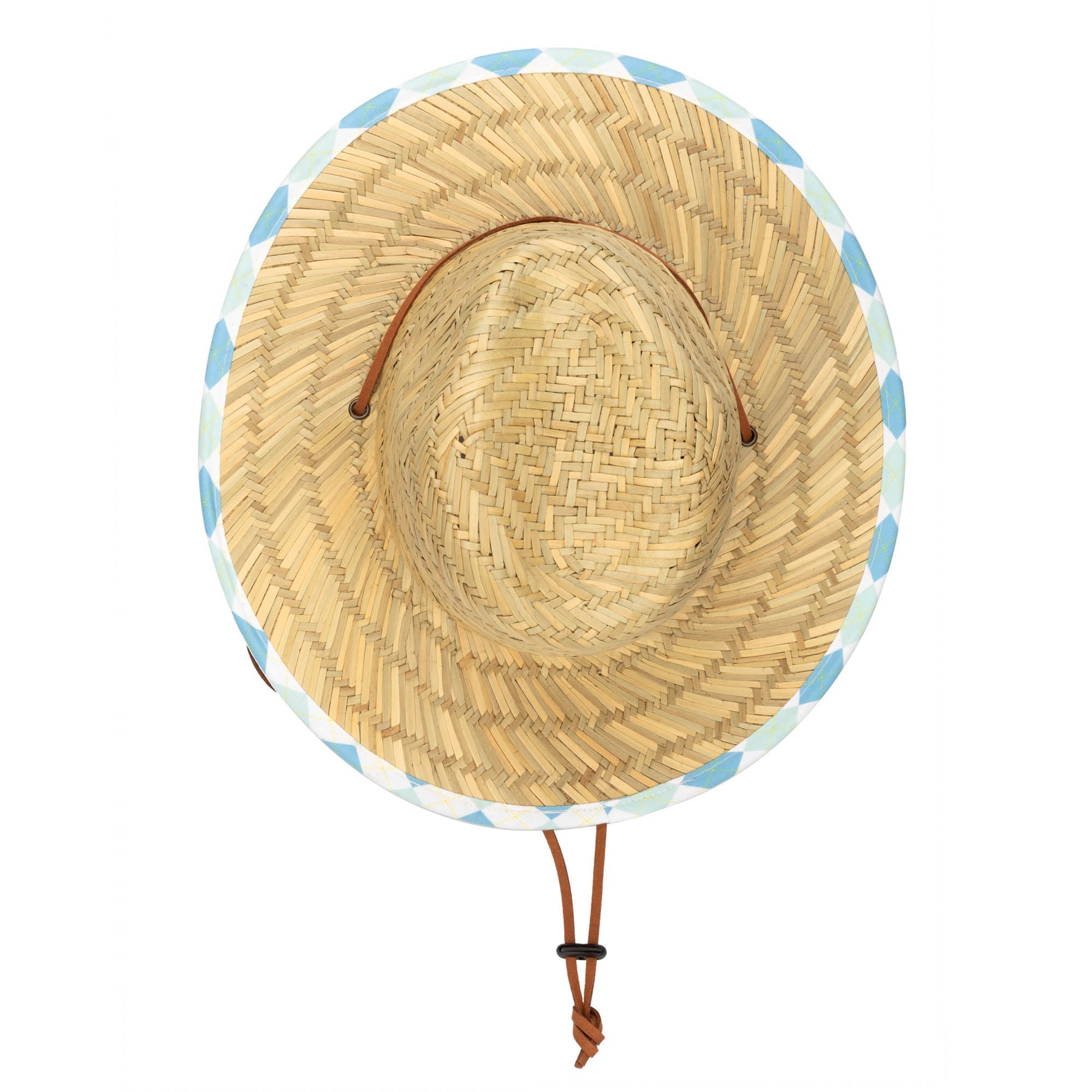 Kids Lifeguard Straw Hat with Plaid Printed Underbrim & Faux Leather Chin Strap - Sun Protection for Beach, Pool, and Outdoor Play