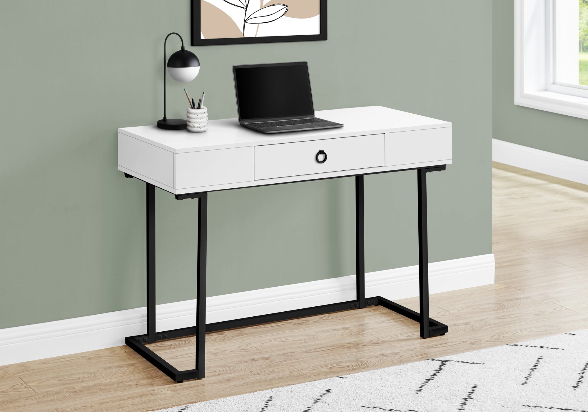 42-Inch White Computer Desk with Black Metal Frame - Home Office, Gaming & Study Workstation for Small Spaces