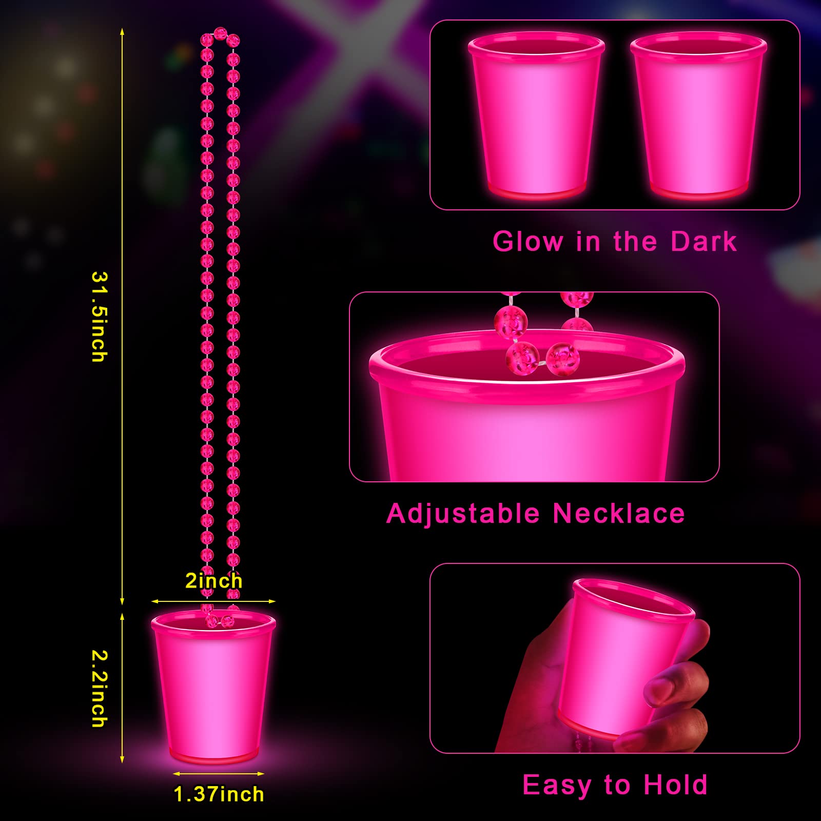 24 Pcs Hot Pink Glow in the Dark Shot Glass Necklace - Light Up Party Accessories for Birthday, Bachelorette & Wedding - Fun Neon Bar Cups for Festivals & Nightclub Events