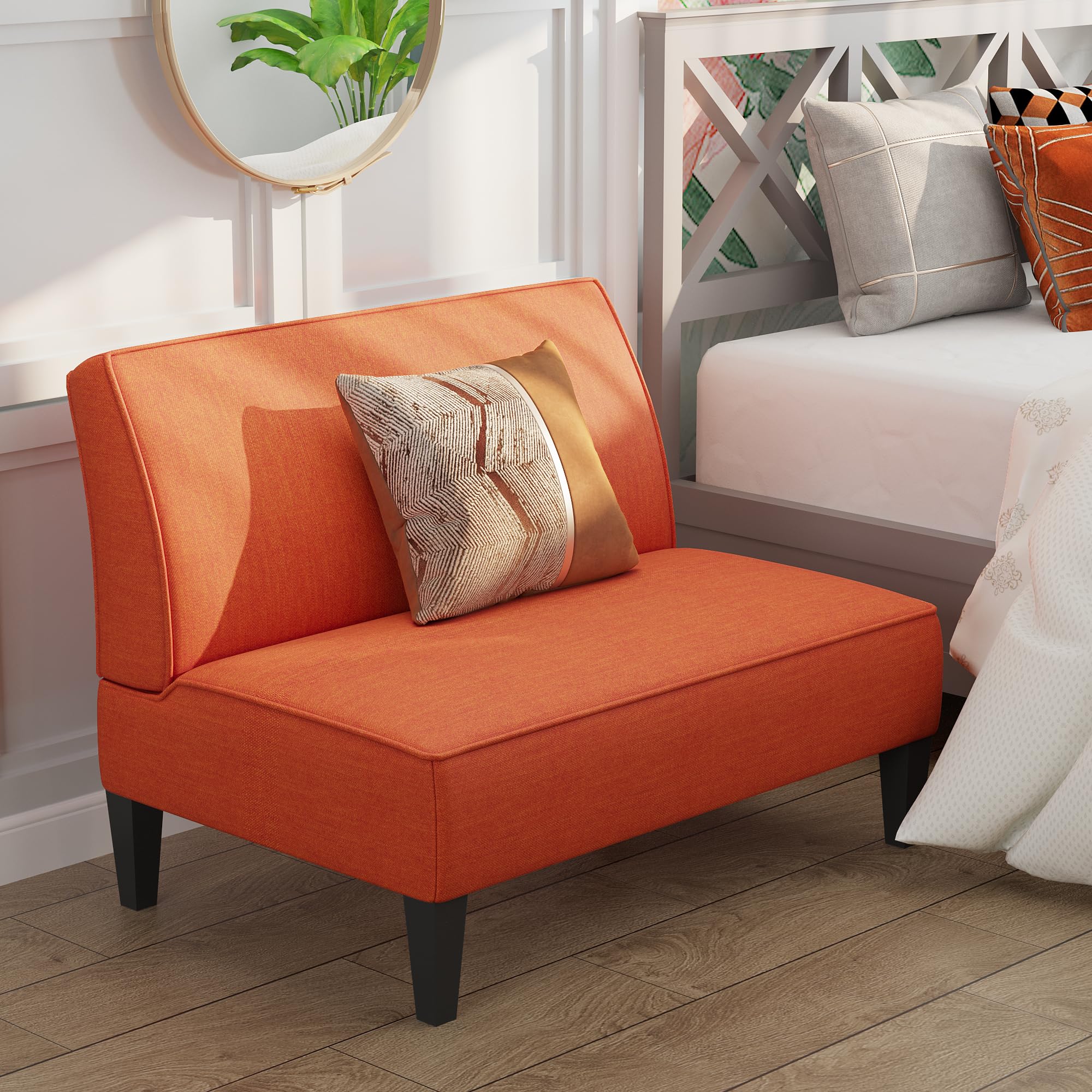 Yongqiang Small Loveseat Mini Sofa - Upholstered Accent Bench with Backrest, Armless Love Seat for Living Room, Bedroom & Office - Perfect for Small Spaces, Reading Nooks & Cozy Corners - Orange