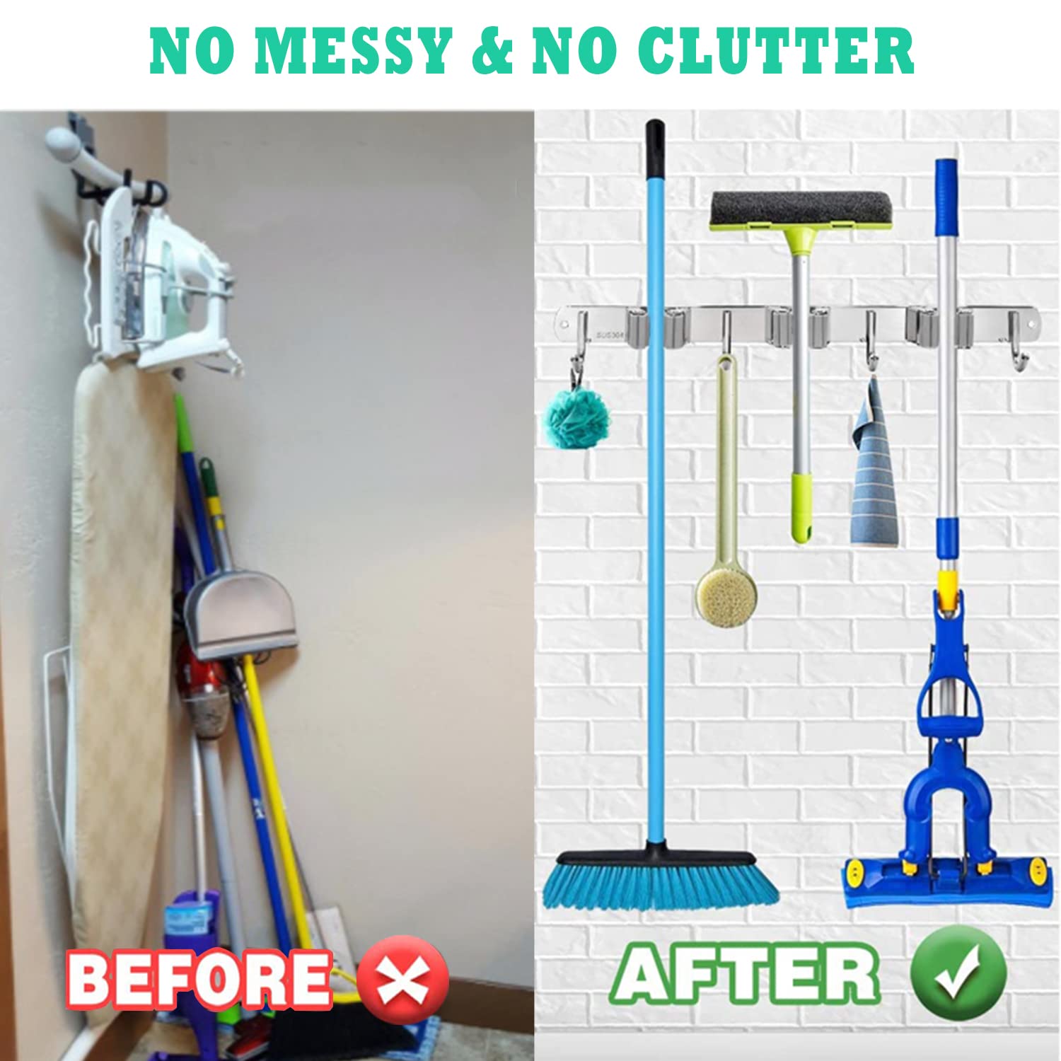 2 Pack Heavy Duty Stainless Steel Broom Holder Wall Mount - 3 Racks & 4 Hooks Garage Organizer, Self-Adhesive Tool Storage for Home, Kitchen, Laundry Room, Garden - Perfect for Organizing Brooms, Mops, and Cleaning Supplies