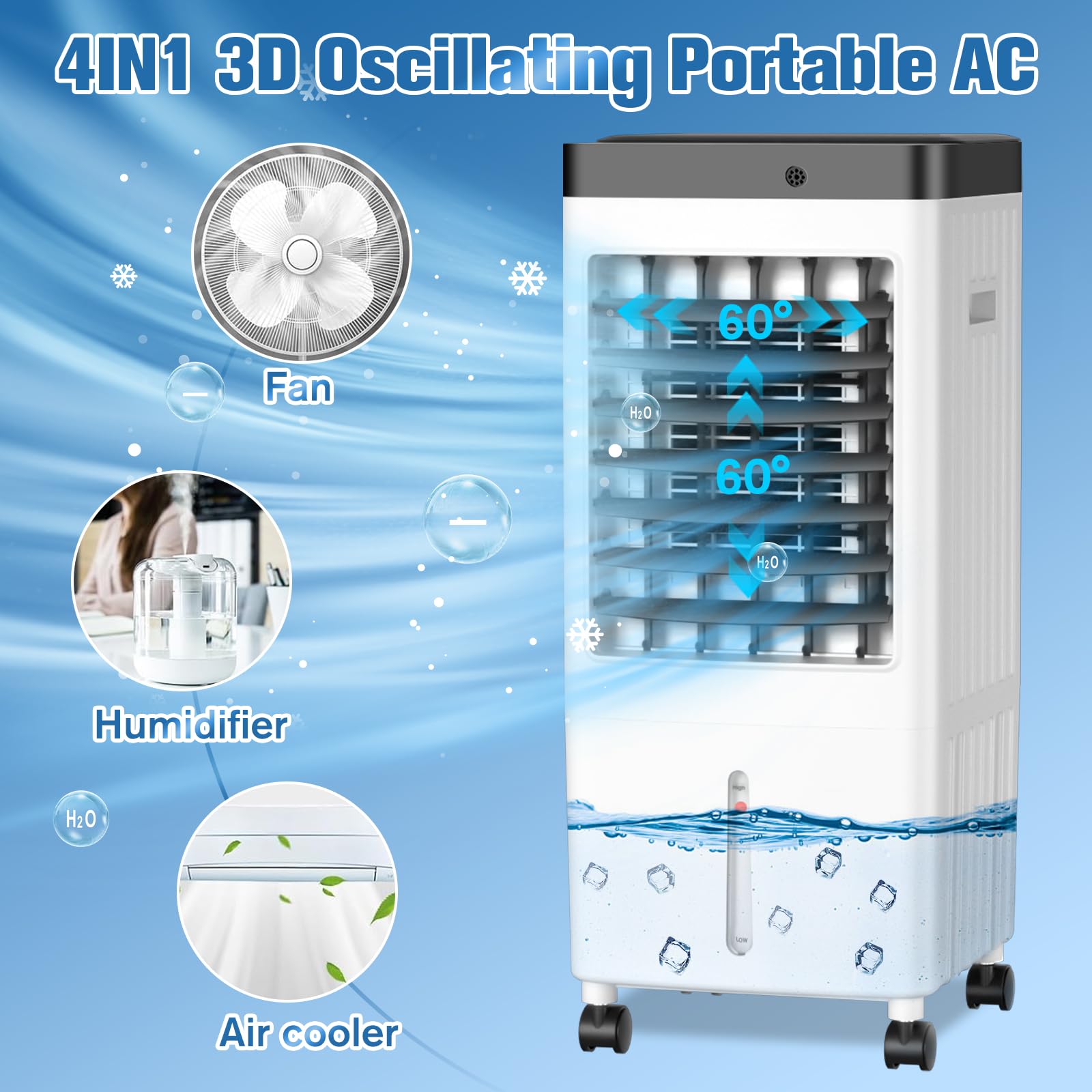 Portable Air Conditioner with 10L Water Tank - 20H Cooling Time, 3 Speeds & 90° Oscillation - Swamp Cooler for Room, Kitchen, Bedroom (Includes 6 Ice Packs) - Perfect for Home, Office & Outdoor Use