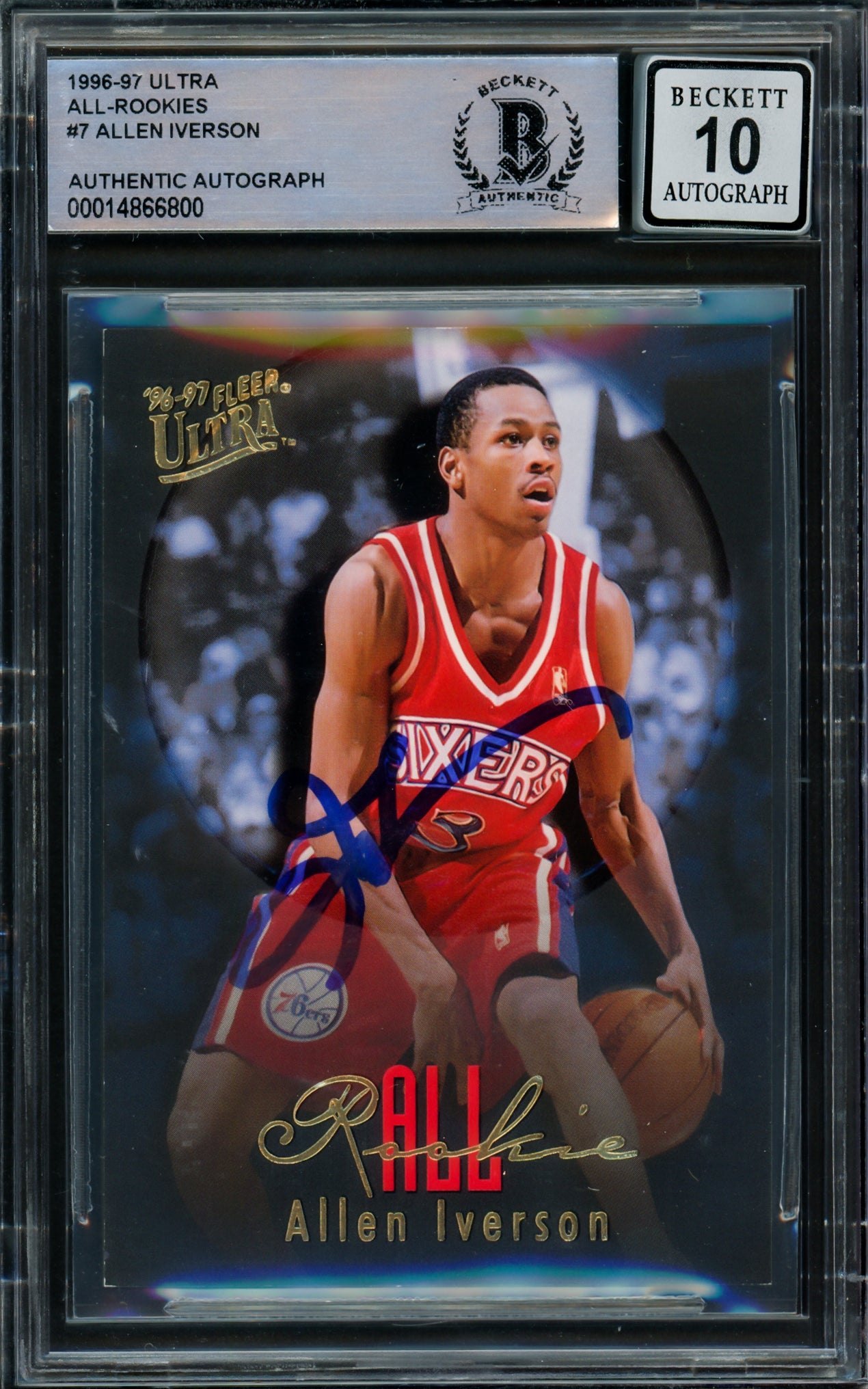 Allen Iverson Autographed 1996-97 Fleer Ultra All Rookie Card #7 Philadelphia 76ers - Beckett BAS Gem Mint 10 Grade (Certified #14866800) - Perfect for NBA Memorabilia Collectors & 76ers Fans Display