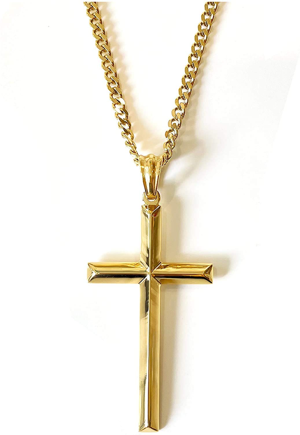 14K Gold Small Cross Pendant Necklace for Women & Men - Thin Religious Jewelry with Diamond Cut Beveled Edge & Secure Clasp - Perfect for Gifts, Weddings, Baptisms & Everyday Wear