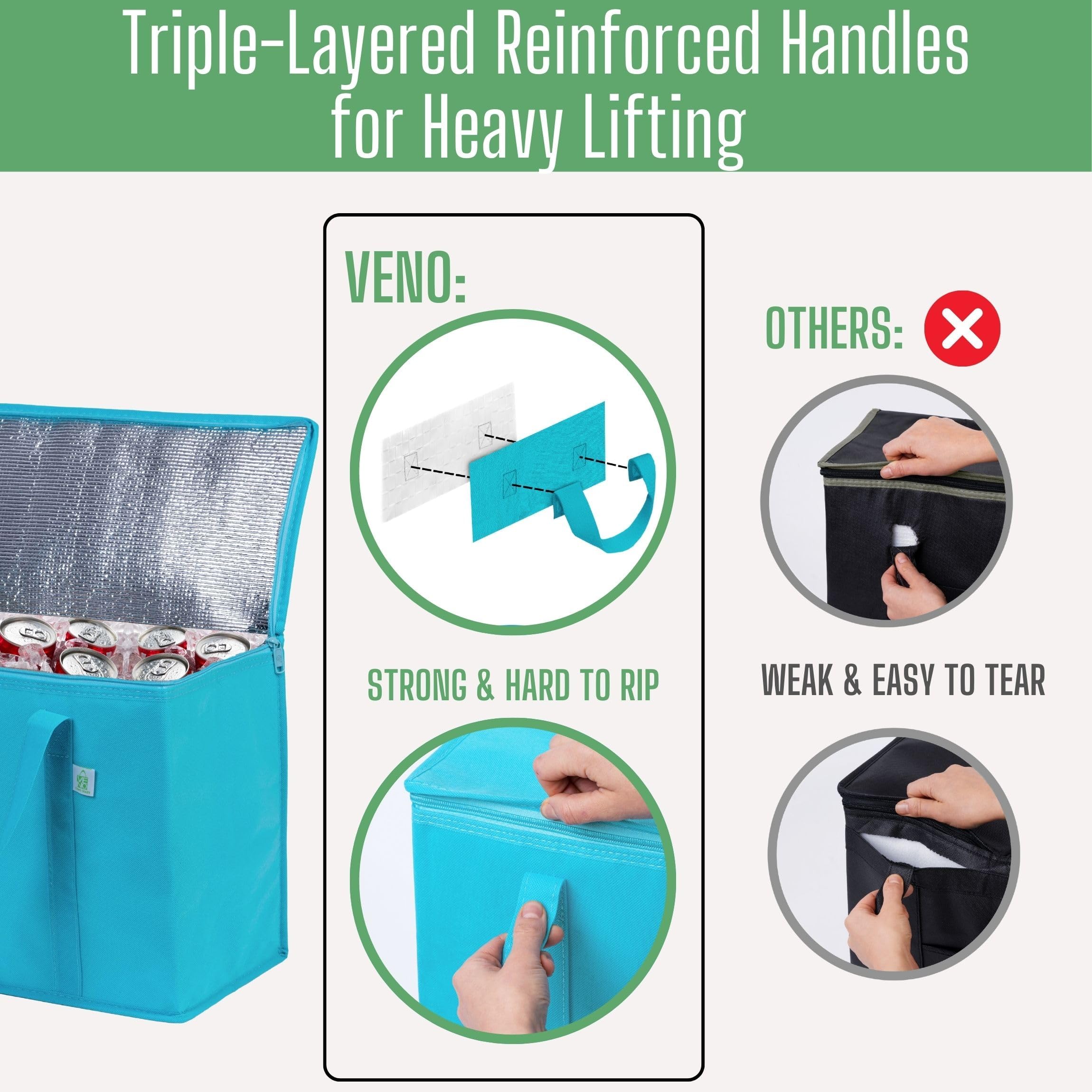 VENO 2 Pack Insulated Cooler Bags for Groceries & Food Delivery - Heavy Duty Collapsible Shopping Bags with Zipper, Foldable & Stands Upright - Perfect for Picnics, Beach Trips & Grocery Shopping (Cyan, 2 Pack)