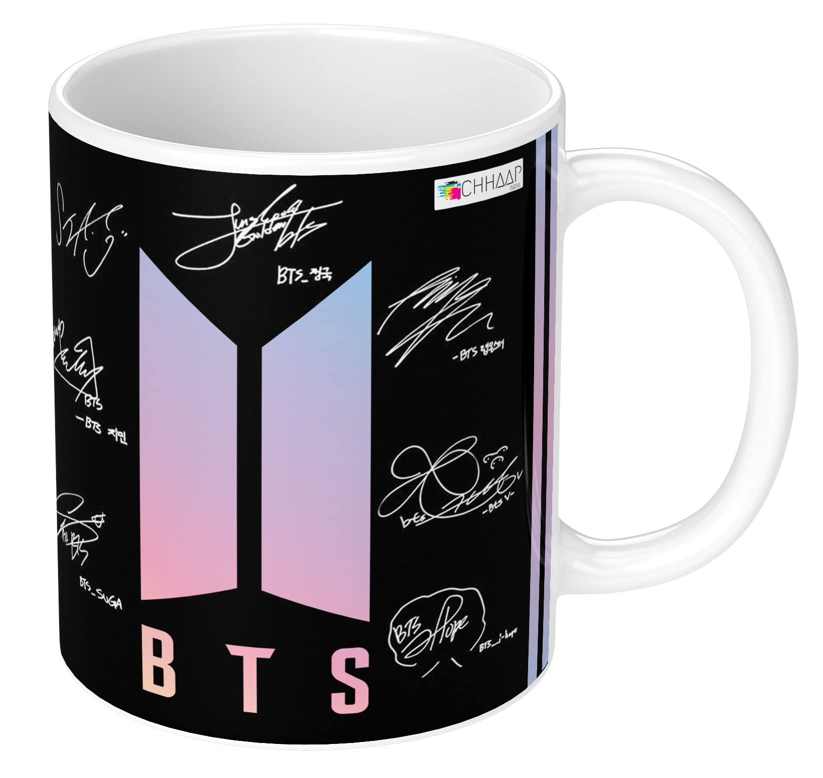 BTS Printed Coffee Mug with Logo Keychain - 350ml Ceramic Tea Cup for BTS Army Fans - Birthday Gift for Girls, Boys, Friends - Featuring BTS Members Suga, J-Hope, Jungkook, Jin, Jimin, RM - Perfect for K-Pop Fans, Office Use, Home Decor & BTS Merch Collectors