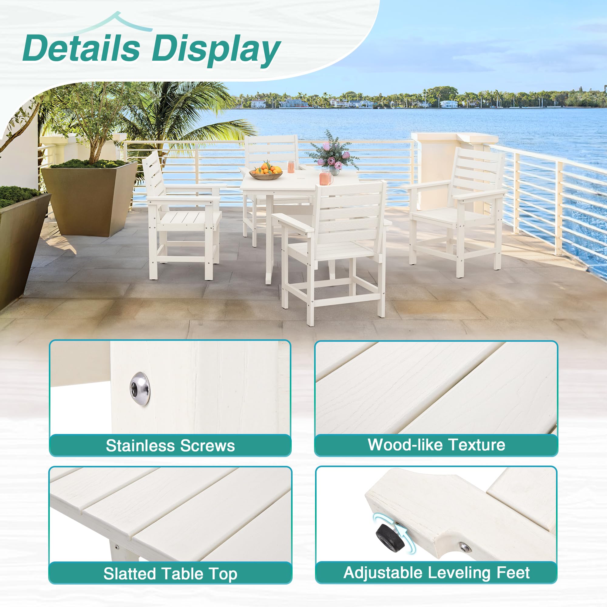 5-Piece Outdoor Patio Dining Set - HDPE Weather-Resistant Square Table with 4 Chairs & 1.95