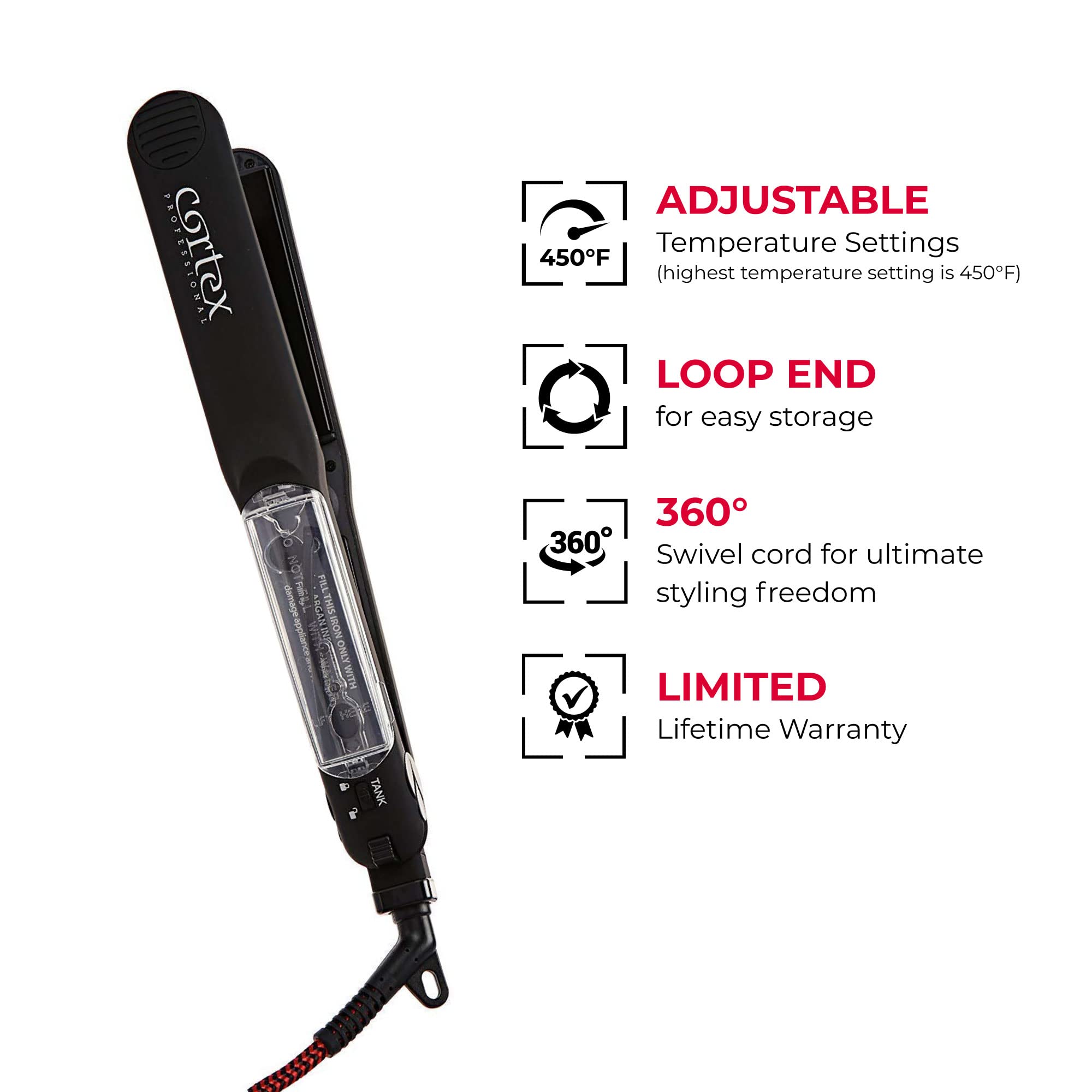 Professional Vapor Flat Iron with Ceramic Plates & Argan Infusion - 1.25 Inch Hair Straightener for Smooth & Shiny Hair - Includes Argan Oil Refill Bundle - Perfect for Salon & Home Use (Black)