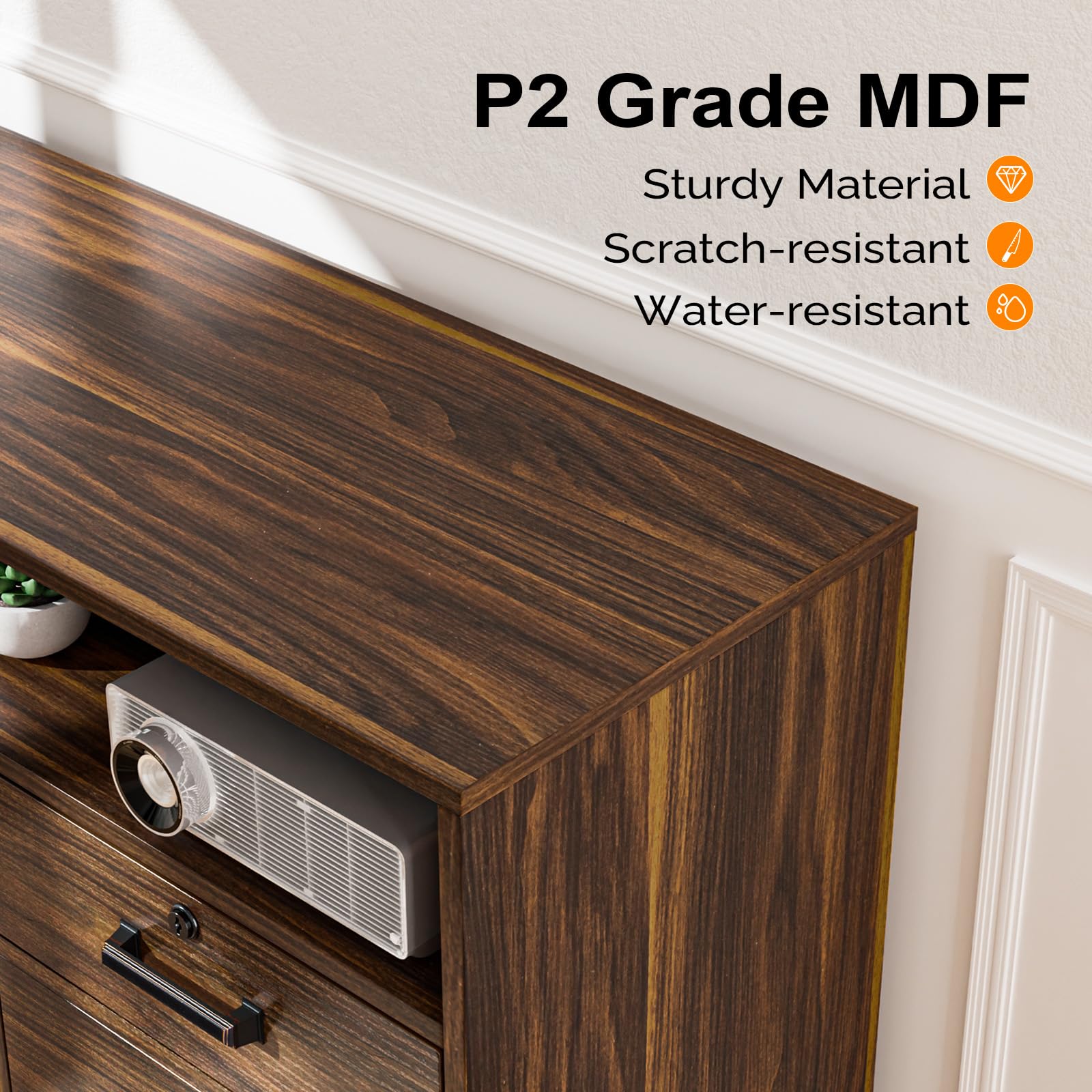 VINGLI 4-Drawer Wood Lateral File Cabinet with Lock & Open Shelves - Lockable Rolling Office Storage for Letter Size Files, Dark Brown - Perfect for Home Office, Printer Stand & Document Organization