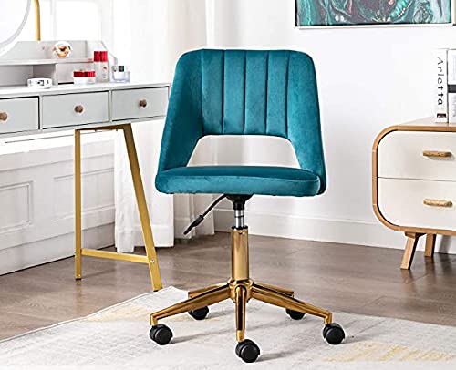 Guyou Armless Velvet Office Chair with Wheels - Upholstered Desk Chair for Small Spaces, Hollow Back Study Makeup Stool in Teal | Perfect for Home Office, Teen Room & Vanity Area