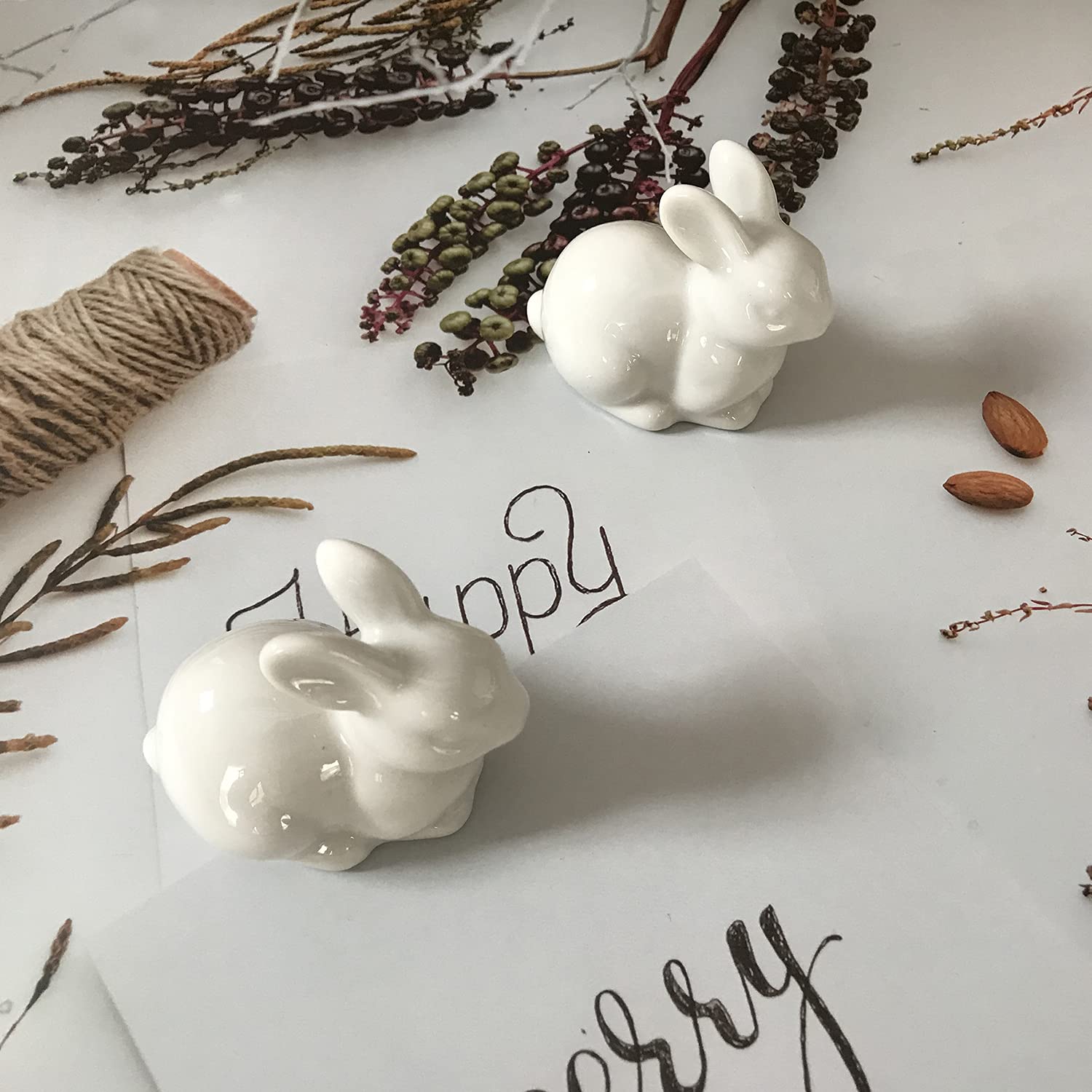 Set of 2 Ceramic Bunny Figurines - Decorative Rabbit Statue Sculpture for Home, Garden, Wedding Decor | Perfect for Easter, Spring Decor & Gift Giving