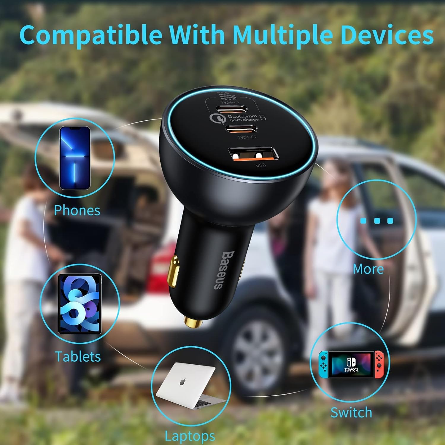 Baseus 160W USB C Car Charger with QC5.0 & PD3.0 PPS - 3 Port Super Fast Charging Adapter for iPhone 15/14/13 Pro, Samsung S22, iPad & MacBook Pro - Perfect for Road Trips & Daily Commutes