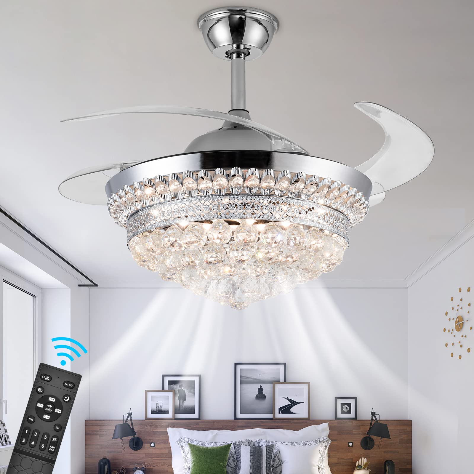 42 Inch Modern Crystal Ceiling Fan with Light & Remote Control - Dimmable Chandelier Fan, 6 Speed Settings, 4 Retractable ABS Blades - Perfect for Bedroom, Living Room, Dining Room & Home Office Decor