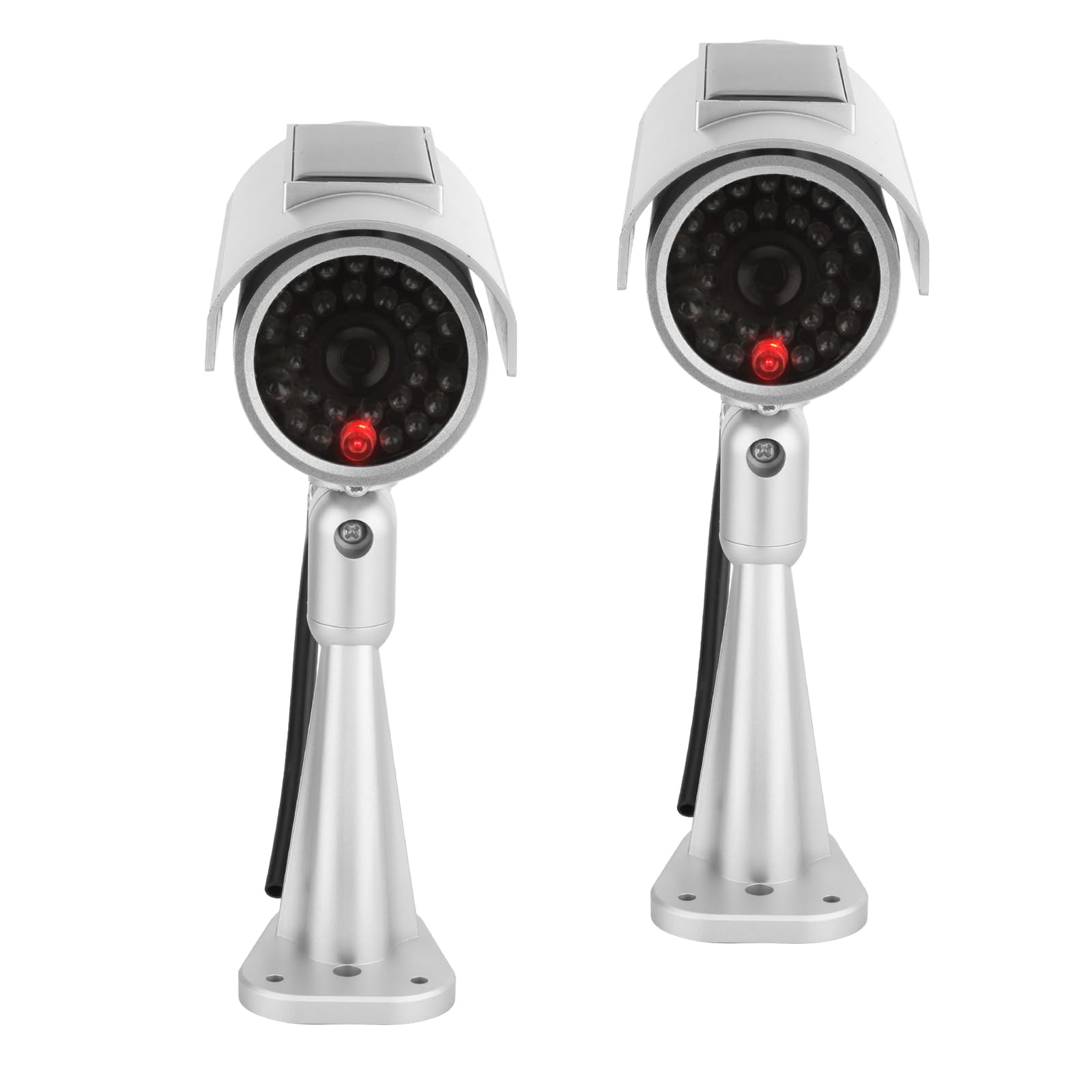 2 Pack Fake Security Camera with Flashing LED & Warning Stickers - Waterproof Dummy CCTV for Indoor/Outdoor Use - Deter Burglars for Home, Garage, Office & Retail Stores (Silver)