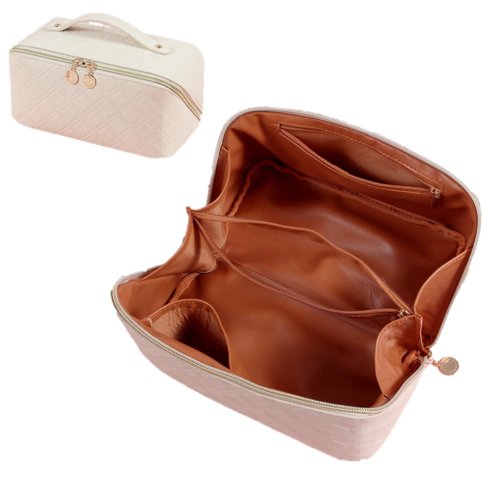 Large Capacity Waterproof Travel Makeup Bag - PU Leather Cosmetic Organizer with Divider & Handle, Portable Toiletry Bag for Women | Perfect for Air Travel, Gym, Vacation & Daily Use (Apricot White)