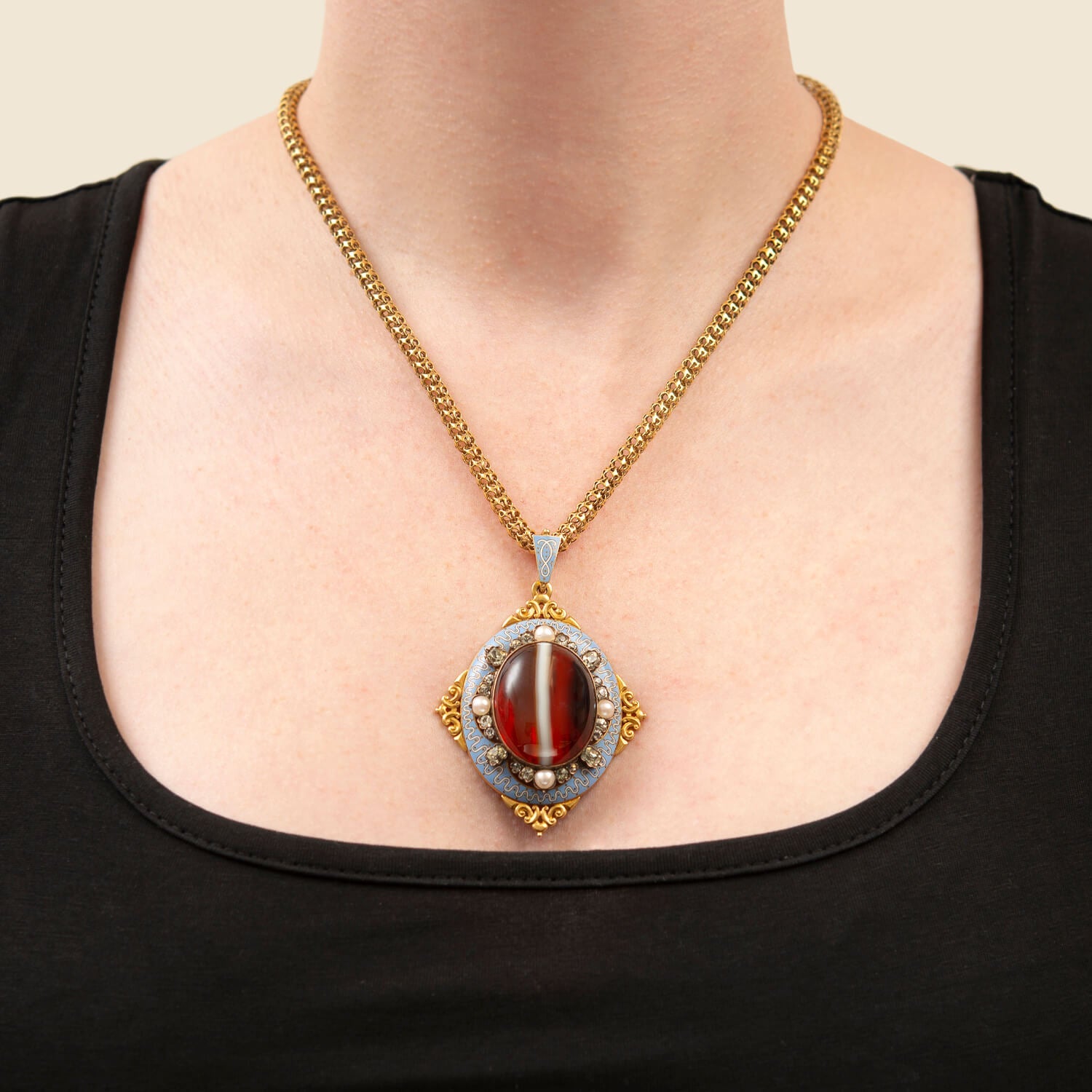 Antique Victorian 18K Gold Enameled Banded Agate Pendant with Chrysoberyl & Natural Pearls - Elegant Vintage Jewelry for Weddings, Parties & Special Occasions