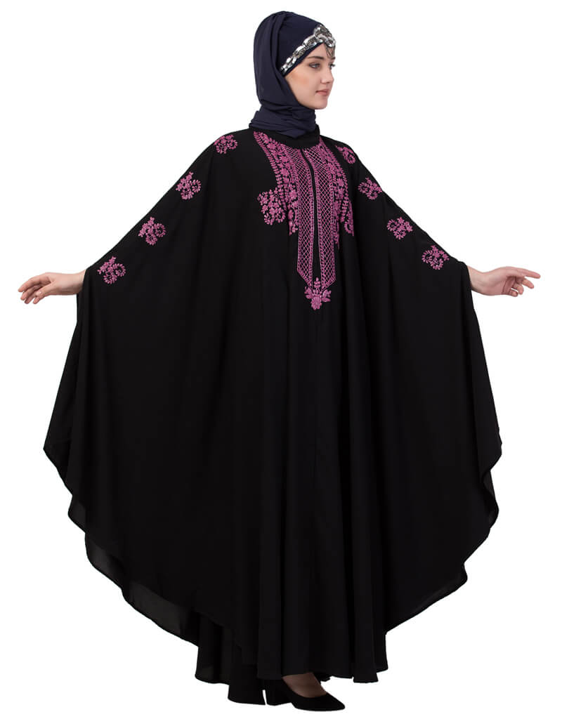 Elegant Black Arabic Contrast Zari Embroidered Irani Kaftan Dress - Perfect for Special Occasions, Weddings & Cultural Events
