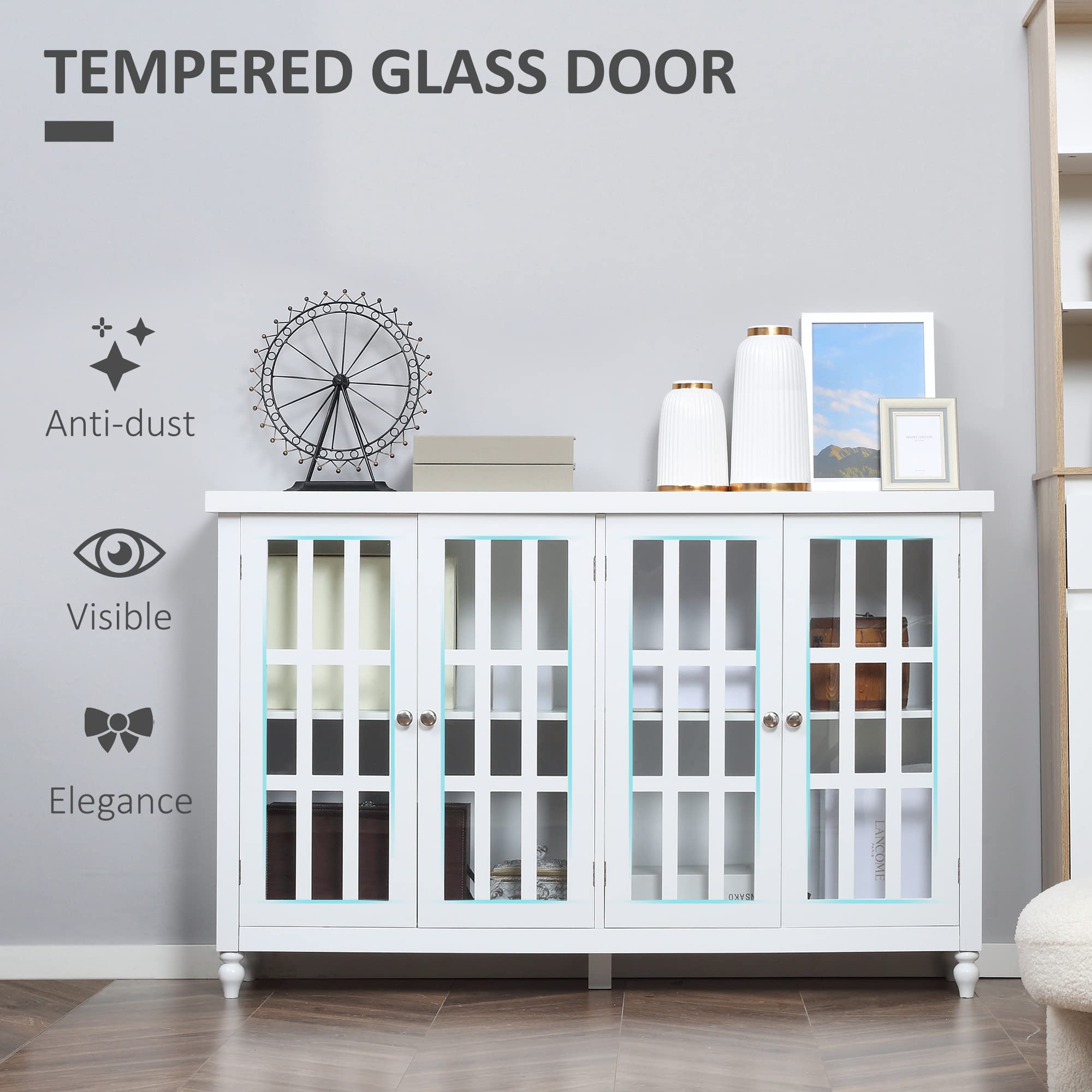 HOMCOM White Sideboard Buffet Cabinet with 4 Tempered Glass Doors, Adjustable Storage Shelf & Stripe Pattern - Modern Credenza for Dining Room, Living Room, or Entryway Storage