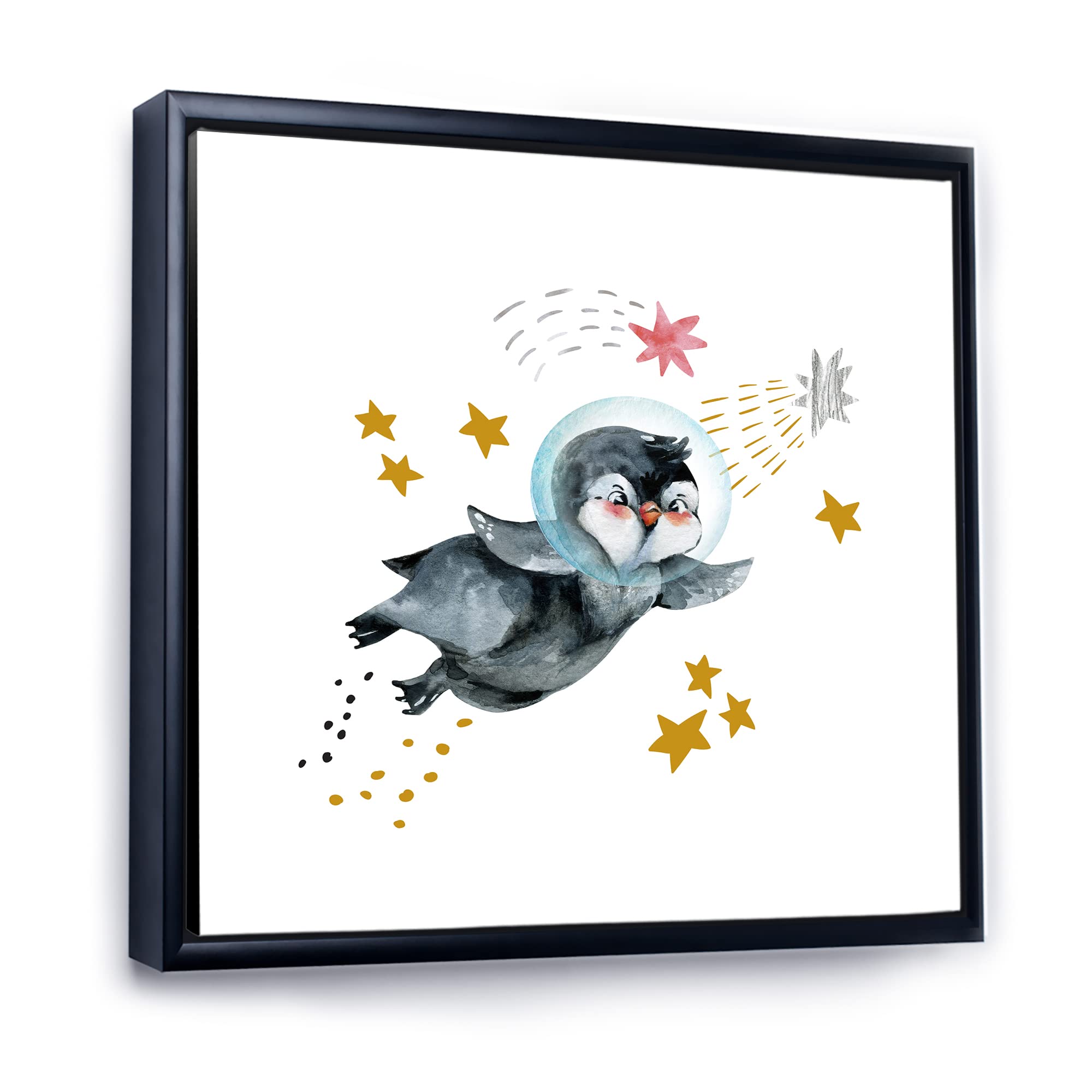 DesignQ Little Penguin Flying Stars and Planets I - Farmhouse Framed Canvas Wall Art Print for Living Room, Nursery & Bedroom Decor
