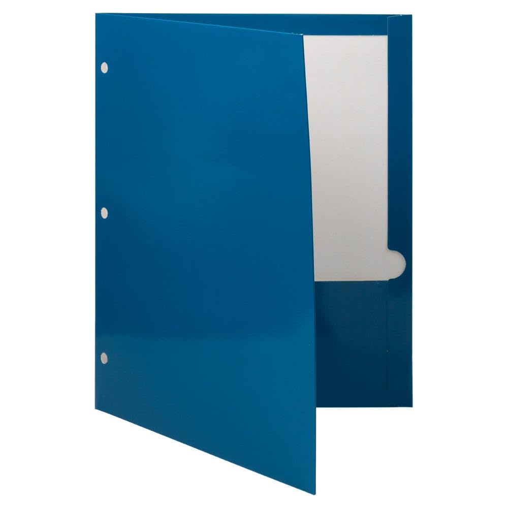 JAM PAPER Laminated Two-Pocket Glossy 3-Hole Punch School Folders - Letter Size 8.5x11 Inch - High Gloss Blue - Bulk 50/Box for Classroom Organization, Office Filing & Student Supplies