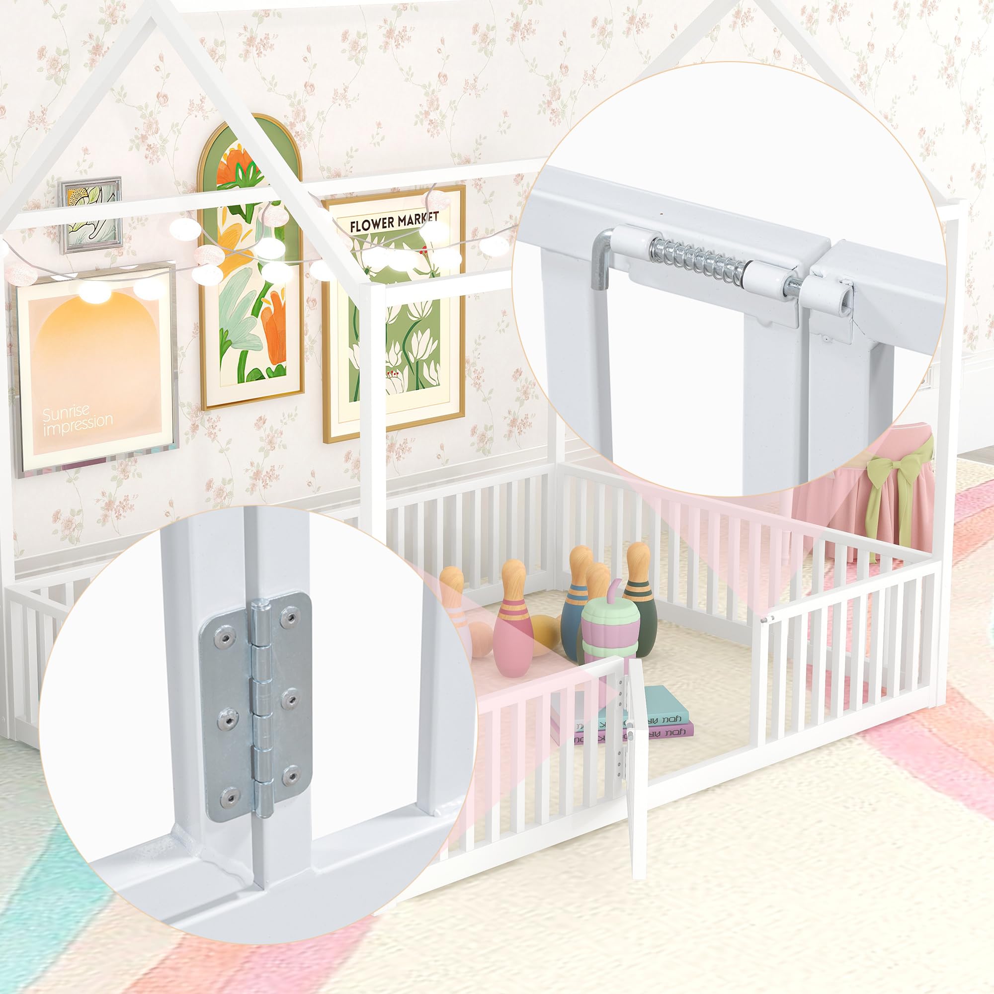 White Full Size Montessori Floor Bed Frame with Door & High Fence - Safe Kids House Bed for Boys & Girls | Perfect for Toddler Rooms, Daycare Centers & Montessori Classrooms