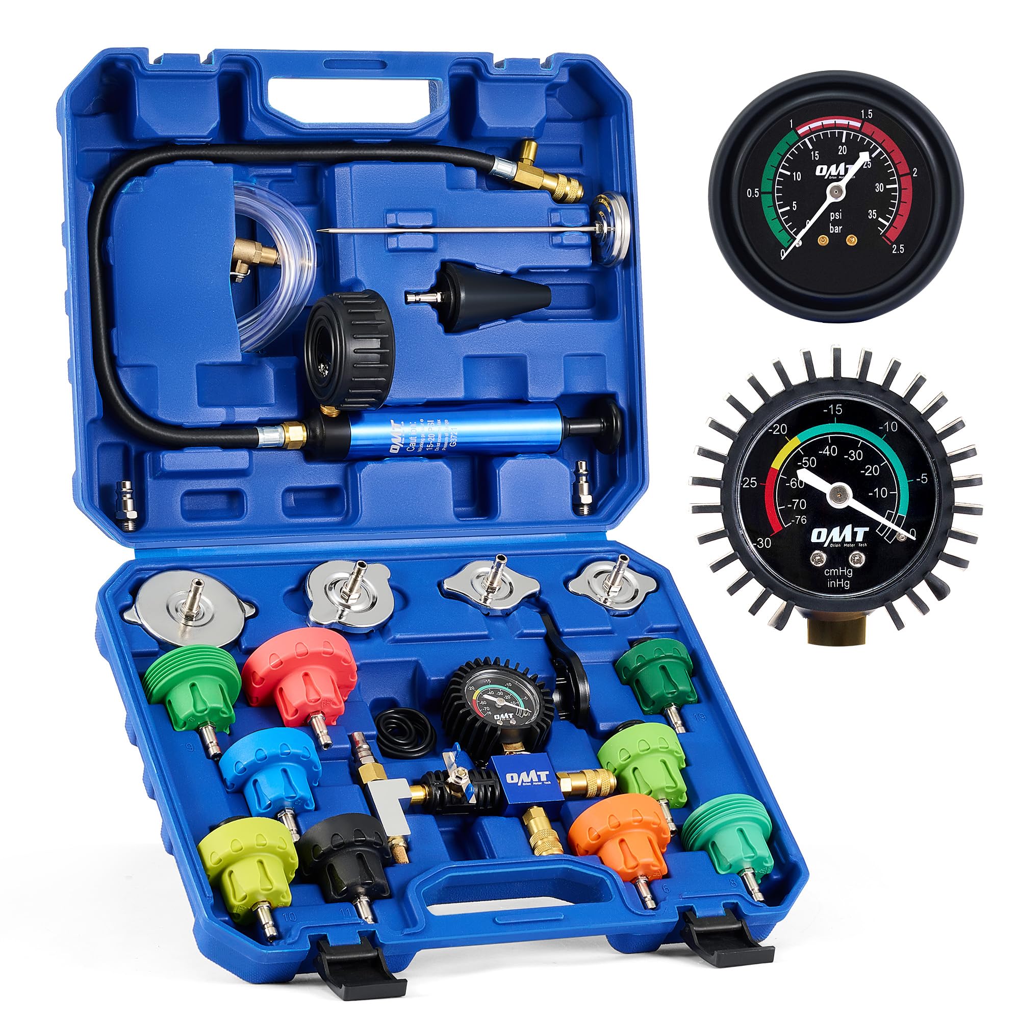 Orion Motor Tech 22-Piece Coolant Pressure Tester Kit with Vacuum Pump - Universal Radiator Adapters for Cooling System Diagnostics, Leak Detection & Vacuum Refill - Perfect for Mechanics, DIY Auto Repair & Fleet Maintenance