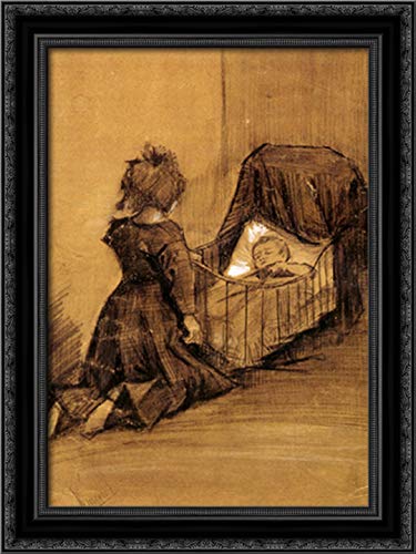 Vincent van Gogh Framed Canvas Art - 'Girl Kneeling By A Cradle' 18x24 Inches, Black Ornate Wood Frame - Perfect for Nursery, Living Room & Home Decor