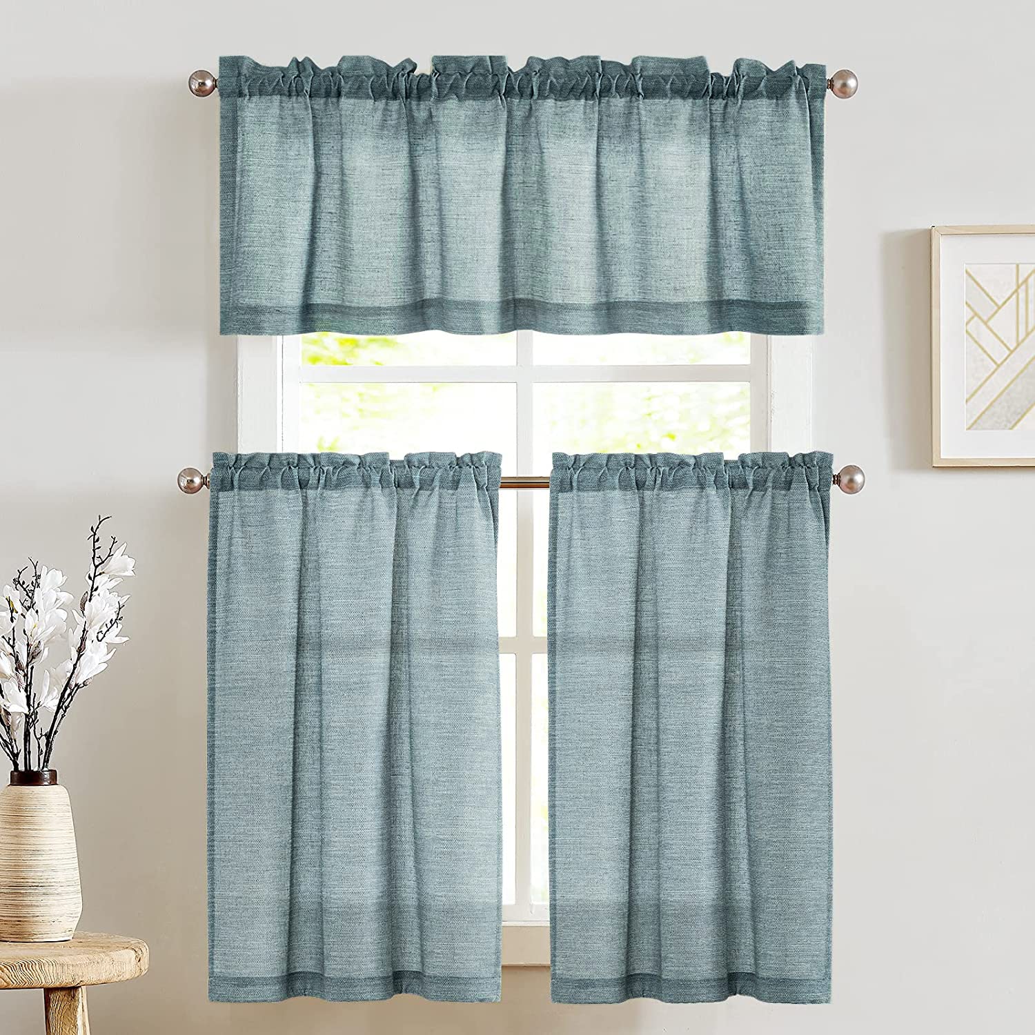 JINCHAN 3-Piece Kitchen Curtain Set - Linen Tier & Valance Cafe Curtains 36