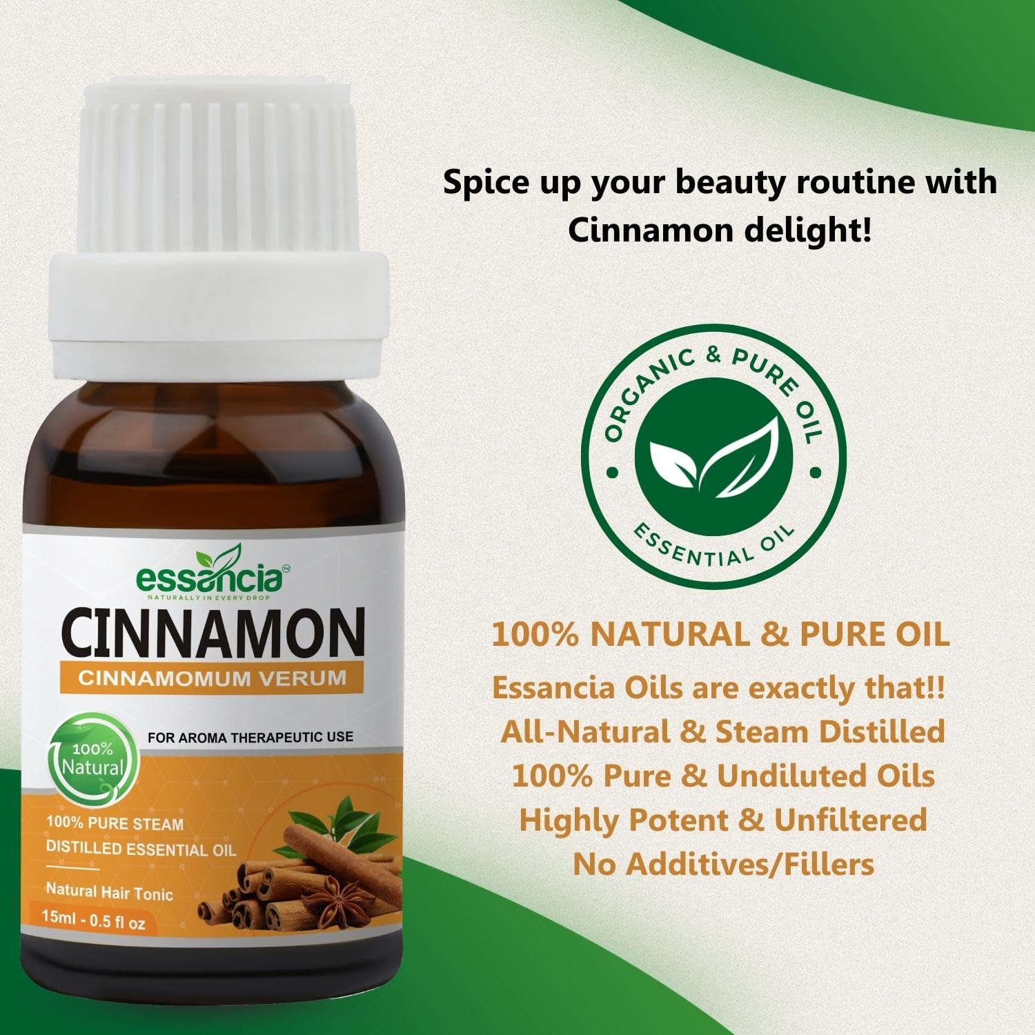 Essencia 100% Pure Cinnamon Essential Oil - 15ml Undiluted Therapeutic Grade for Hair Growth, Skin Care, Massage, Aromatherapy Diffuser | Natural Remedy for Relaxation & Wellness