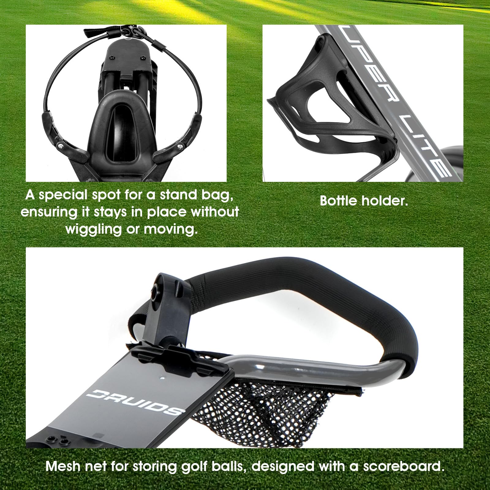 DRUIDS Golf 360 Push Cart - Lightweight 3-Wheel Swivel Golf Push Cart with Brake, Umbrella Holder & Foldable Design | Portable Walking Golf Caddy for Men & Women | Perfect for Course Walking, Practice Rounds & Senior Golfers