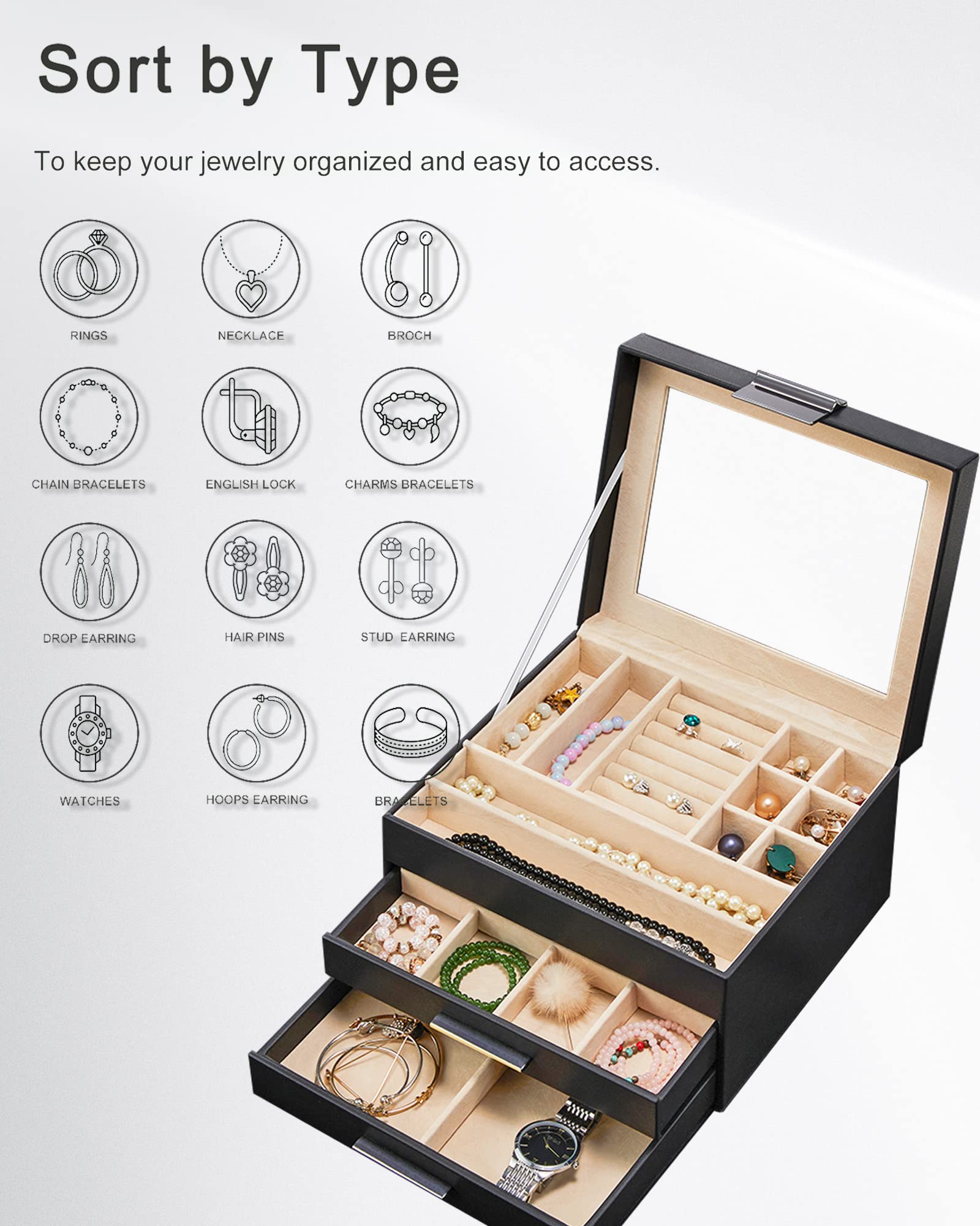3-Layer Large Jewelry Organizer Box with Clear Top - Earrings, Rings & Necklace Storage for Women | Modern Gift for Women, Girls & Mom | Perfect for Birthday, Wedding & Travel Accessories Organization (Black)