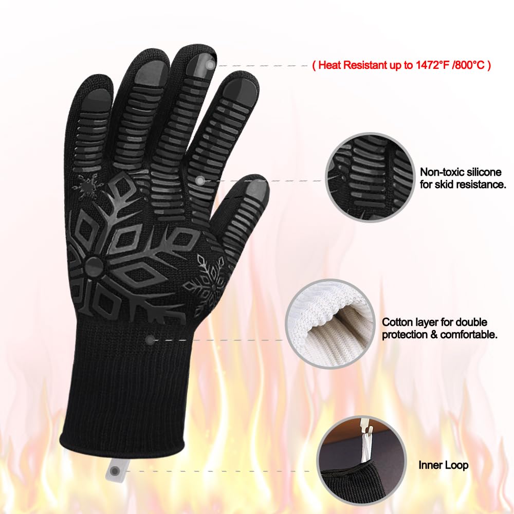 Heat Resistant BBQ Gloves - Fireproof Silicone Non-Slip Oven Mitts for Grilling, Baking & Cooking | Durable Black Short Grill Accessories for Outdoor BBQ, Camping & Kitchen Use