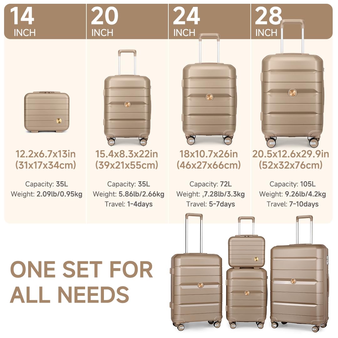Somago 4-Piece Lightweight Hardside Luggage Set with Spinner Wheels & TSA Lock - Durable Polypropylene Suitcases for Travel, Noble Golden | Perfect for Family Vacations, Business Trips & International Travel