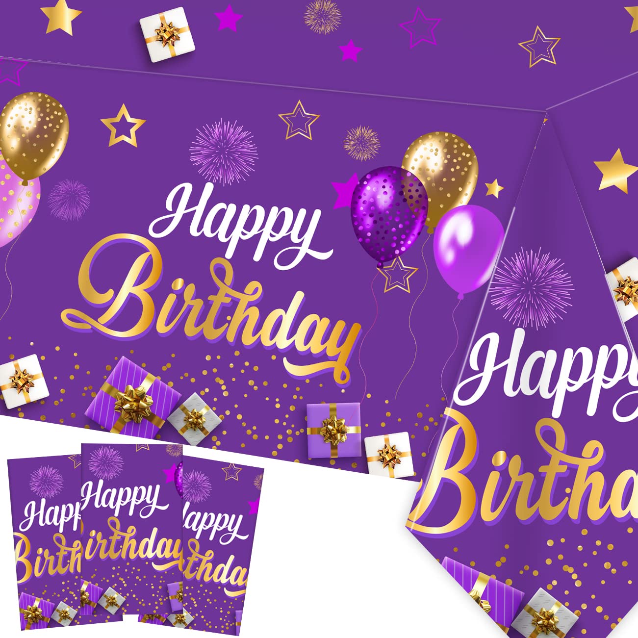 3-Pack Purple & Gold Happy Birthday Tablecloths - 43x70 Inch Disposable Plastic Rectangular Table Covers for Girls & Women | Birthday Party Decorations, Supplies | Perfect for Indoor/Outdoor Celebrations, Baby Showers & Special Events