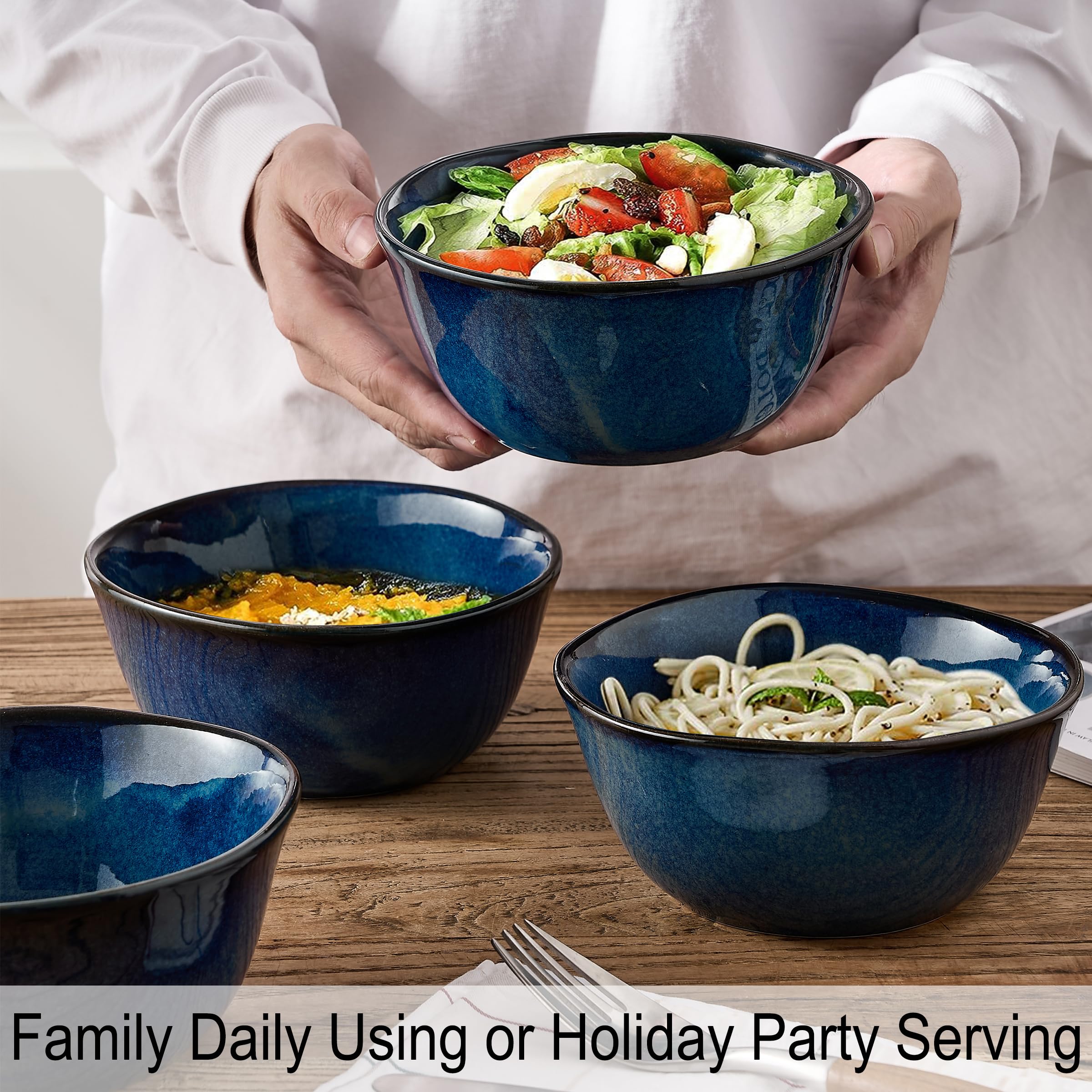 6 Inch Ceramic Soup Bowls Set of 4 - 23.7 Fl Oz Porcelain Cereal Bowls for Salad, Fruits, Dessert, Oatmeal & Ramen - Microwave, Dishwasher & Oven Safe - Wavy Design Blue Bowls - Perfect for Family Dinners, Parties & Everyday Use