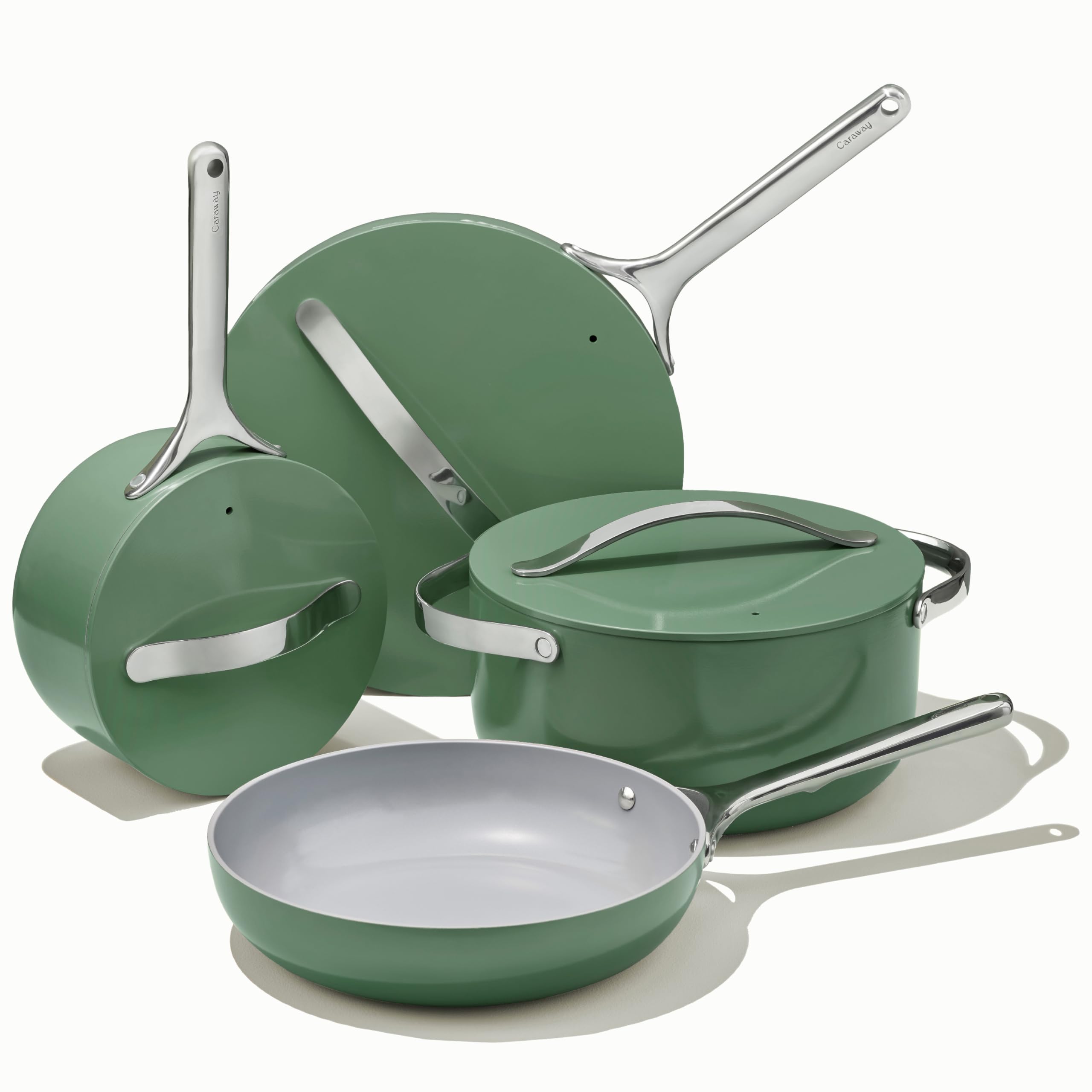 Caraway Nonstick Ceramic Cookware Set - 12 Piece Pots and Pans with Lids & Kitchen Storage - Non-Toxic, Oven Safe & All Stovetop Compatible - Sage Green - Perfect for Healthy Cooking & Modern Kitchens