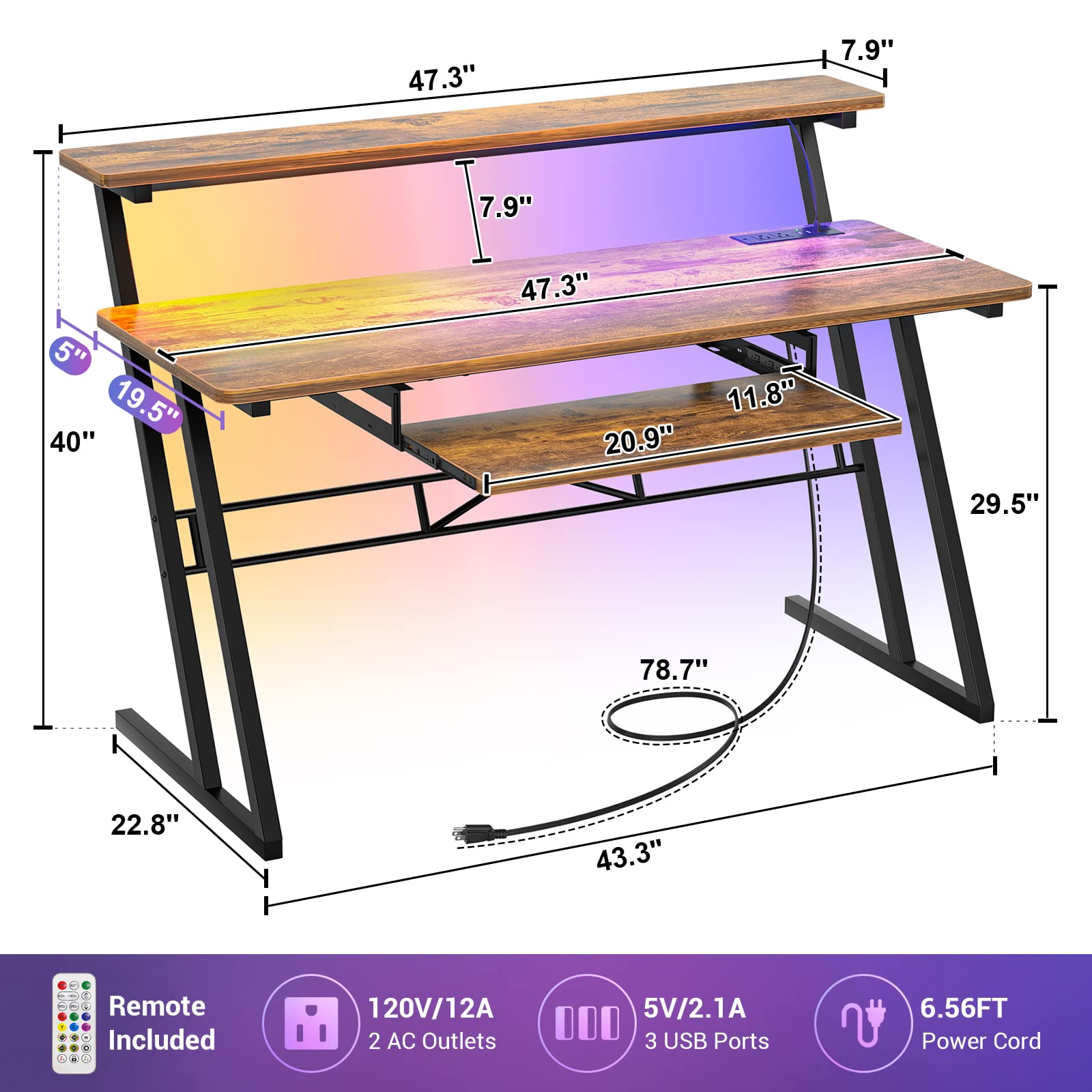Armocity Music Studio Desk with Power Outlets & RGB LED Lights - Professional Recording Desk for Music Producers - Adjustable Rustic Brown Workstation for Home & Professional Studios | Perfect for Music Production, Podcasting & Audio Editing