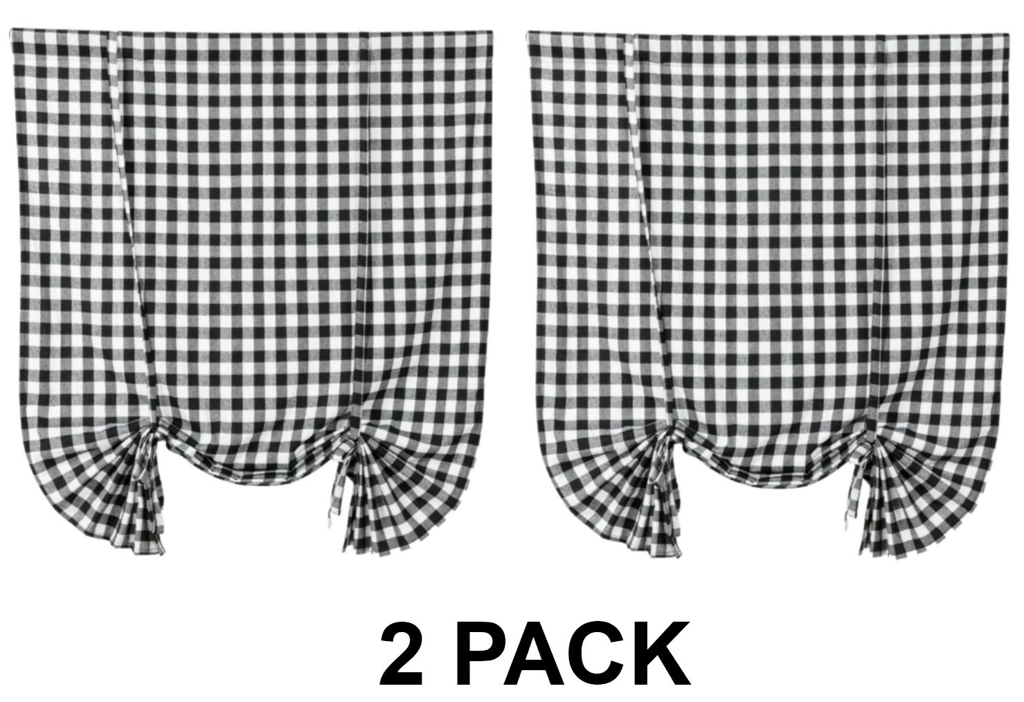2 Pack Buffalo Check Plaid Tie-Up Window Curtains 42x63 Inches - Farmhouse Style Gingham Rod Pocket Kitchen Shades in White & Black | Perfect for Rustic Home Decor, Country Kitchens & Cozy Living Spaces