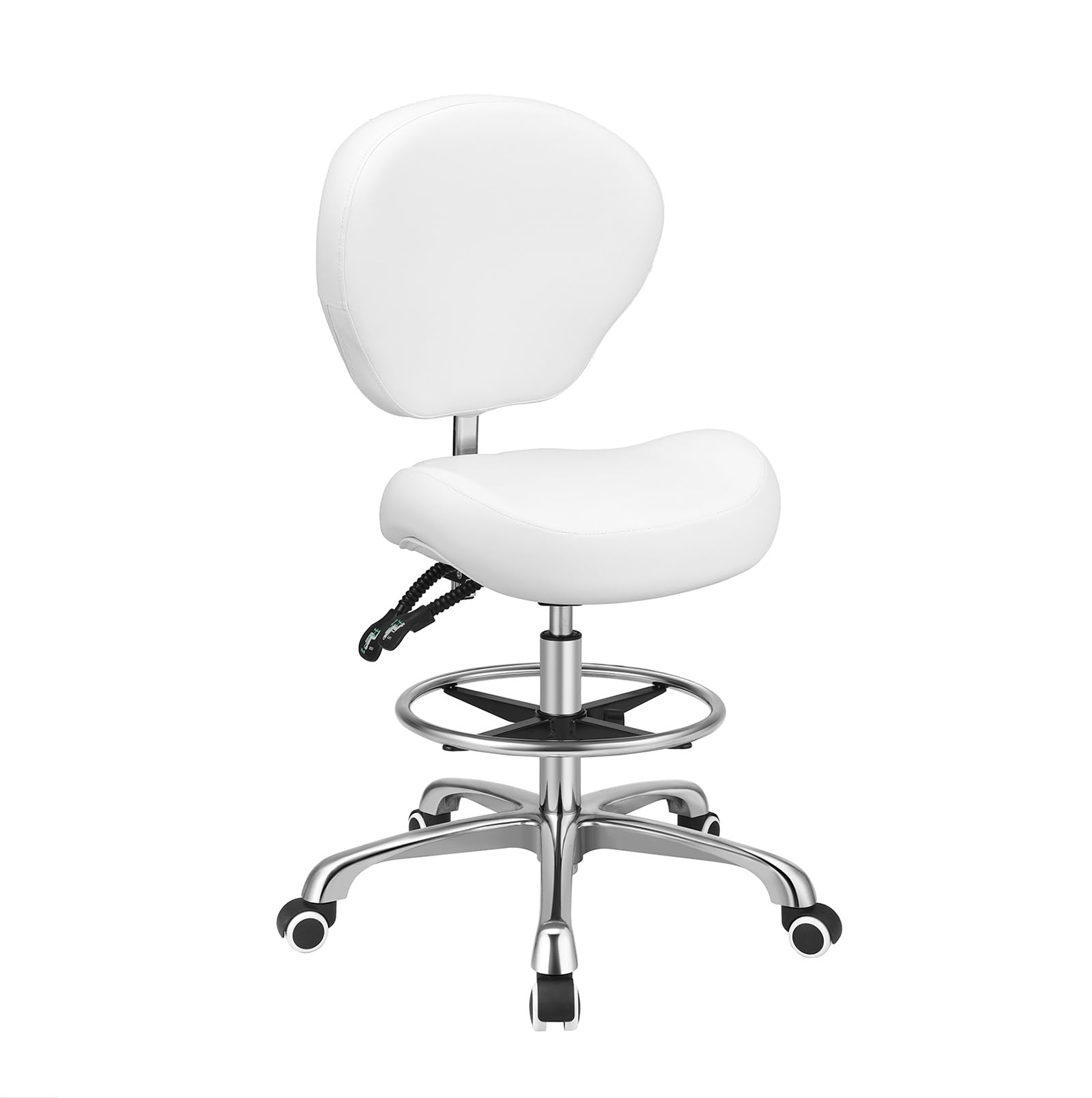 Adjustable Height Drafting Stool with Backrest & Footrest - Swivel Rolling Office Chair for Work, Studio, Dental, Salon & Kitchen - Ergonomic Home Desk Chair (White) - Perfect for Artists, Designers & Professionals