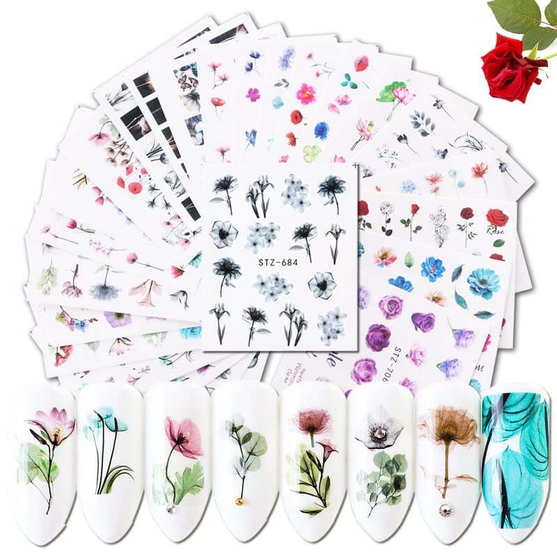 24 Sheets Watercolor Flowers Nail Art Stickers - DIY Water Transfer Decals for Fingernails & Toenails - Floral Rose Blossom Flamingo Leaf Nail Designs for Women & Girls - Perfect for Parties, Weddings, and Everyday Nail Art