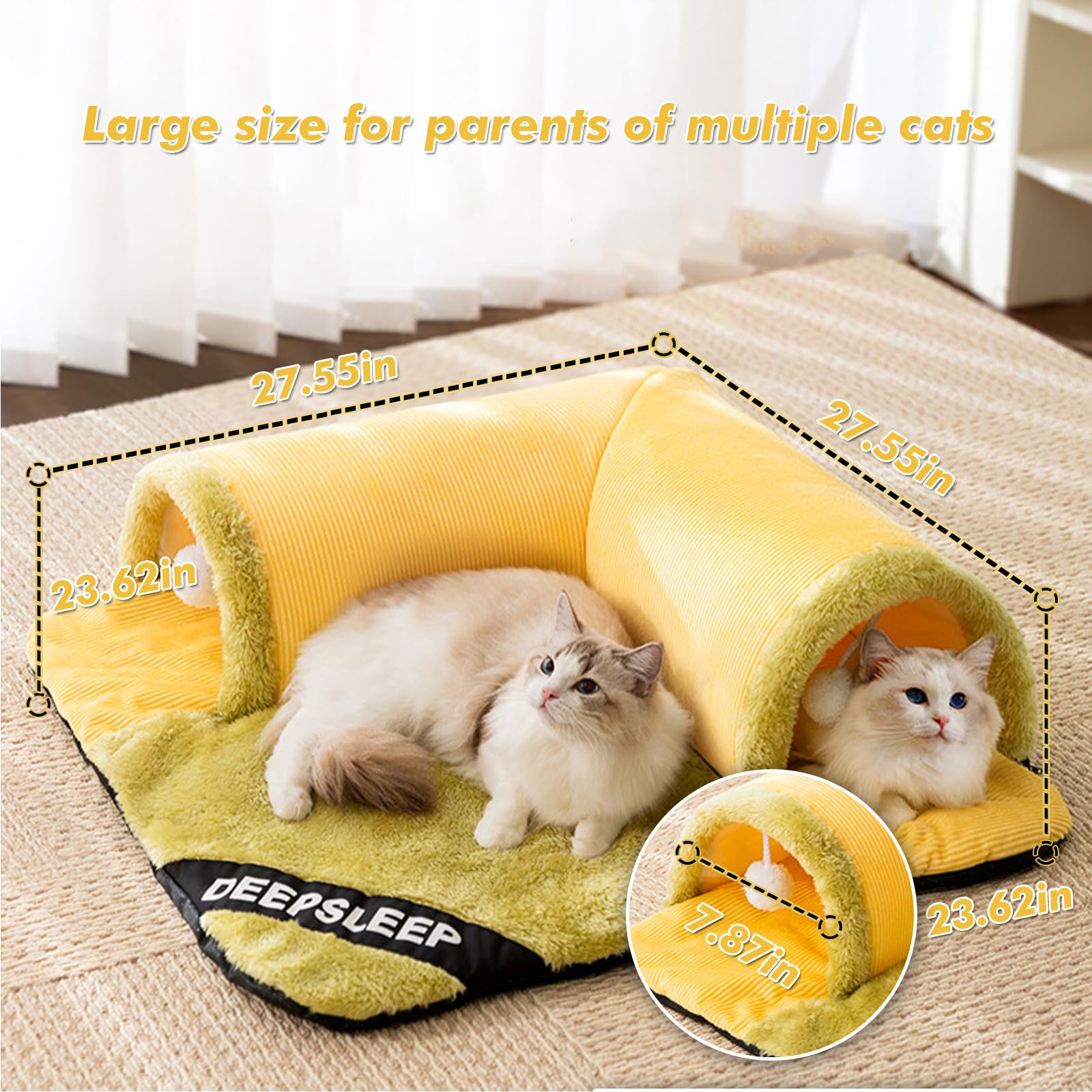 Peekaboo Cat Cave & Tunnel Bed for Indoor Cats - 2-in-1 Blanket & Play Tunnel, All-Season Detachable Pet Bed, 27.55